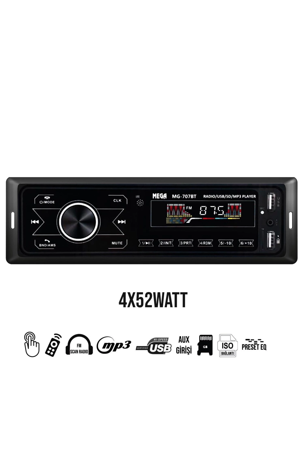 Mega Mg-707bt Oto Teyp 4x52 Watt Bluetooth Dokunmatik Ekran 2xusb Sd Fm Aux