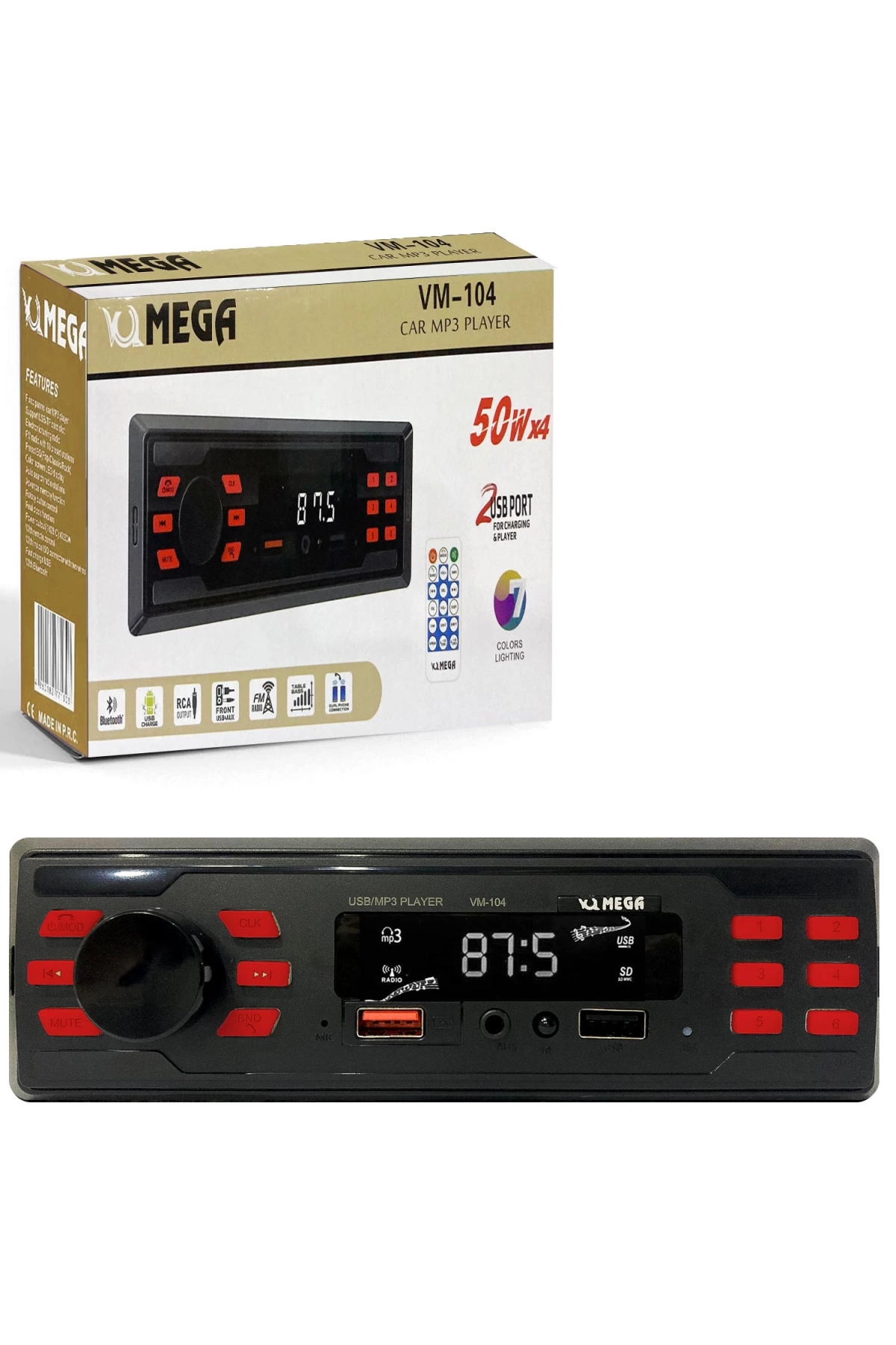 Mega Vm-104 Oto Teyp 4X50 Watt Bluetooth 2Xusb Sd Fm Aux 7 Renk