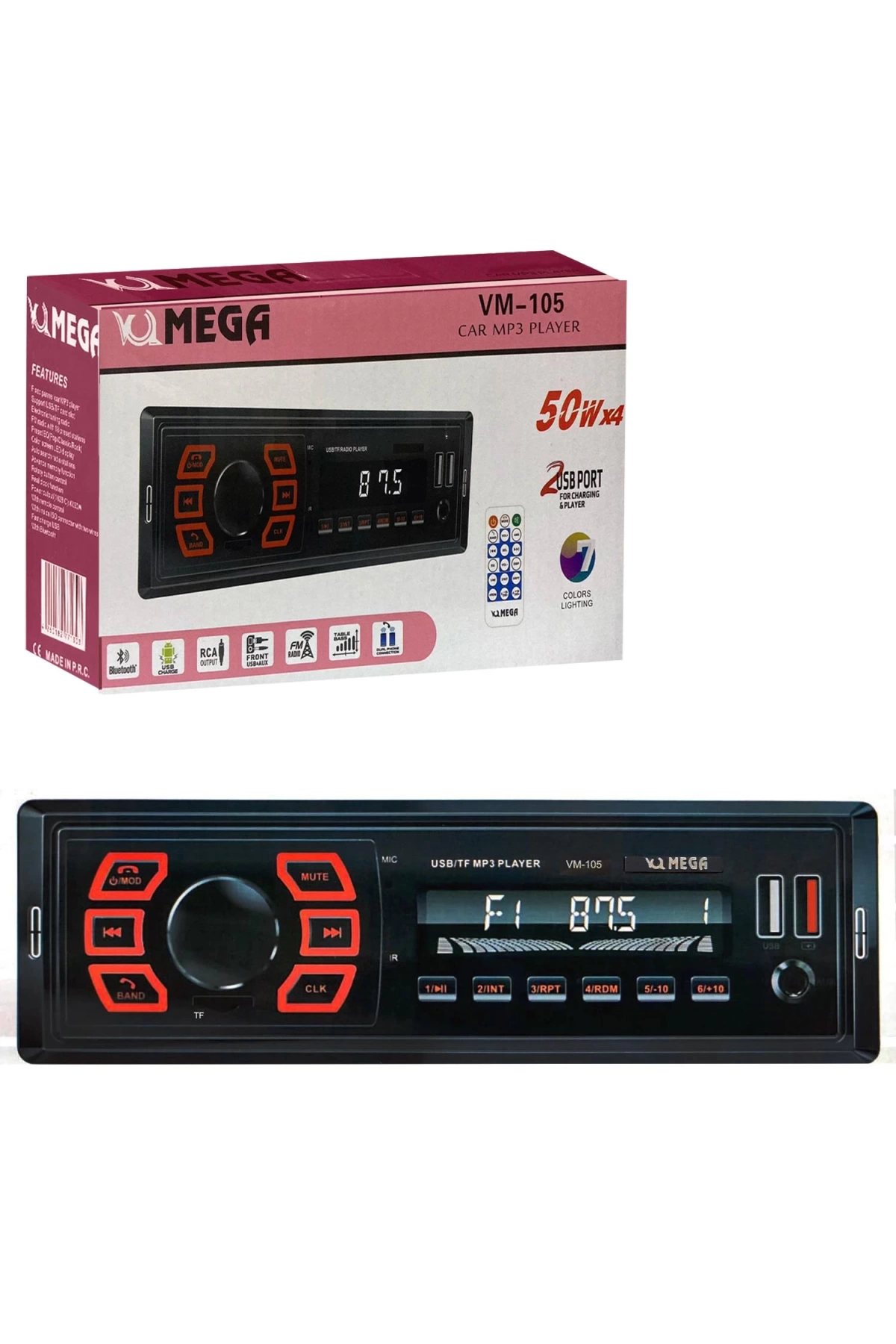 Mega Vm-105 Oto Teyp 4X50 Watt Bluetooth 2Xusb Sd Fm Aux 7 Renk