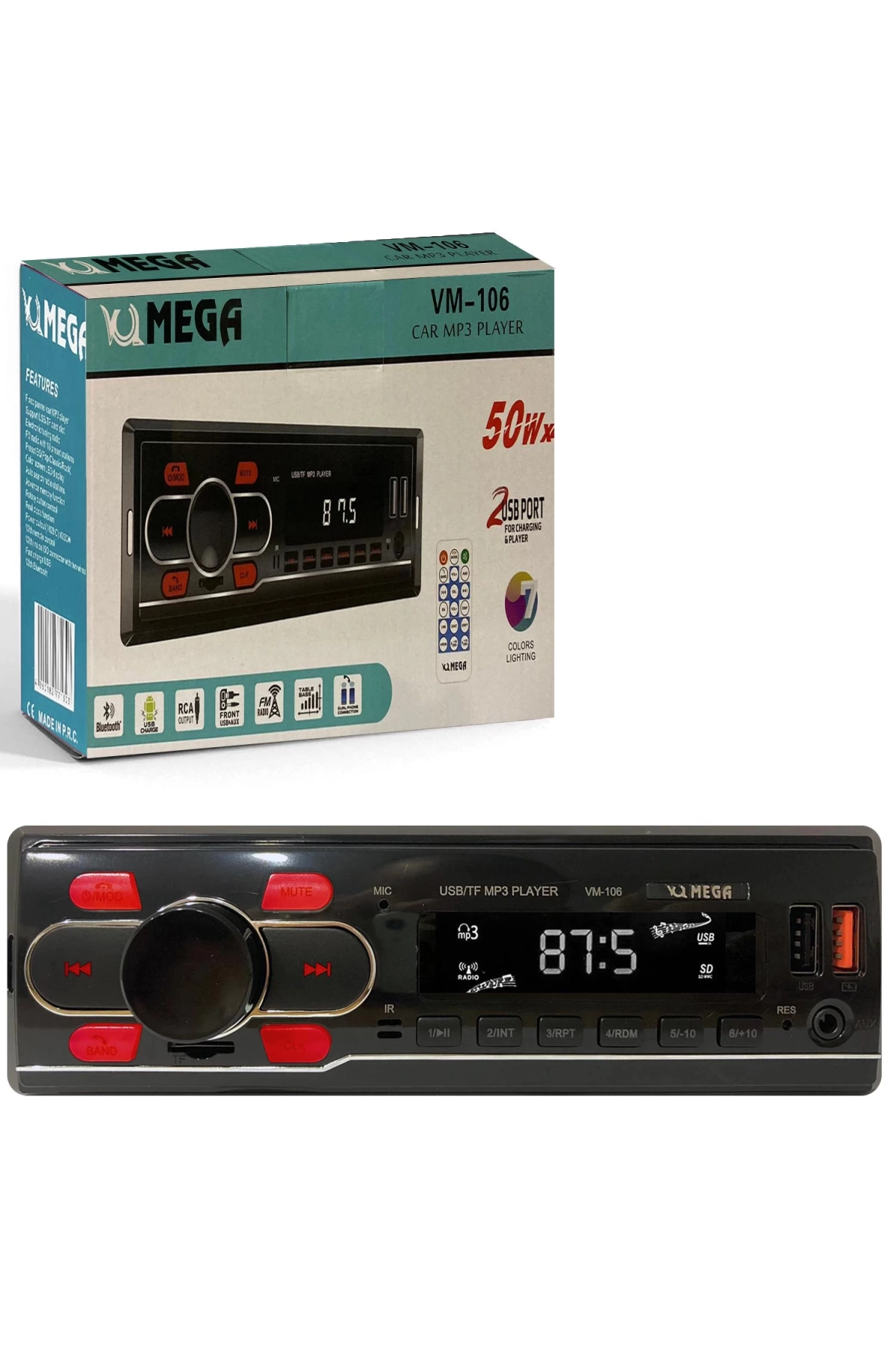 Mega Vm-106 Oto Teyp 4X50 Watt Bluetooth 2Xusb Sd Fm Aux 7 Renk