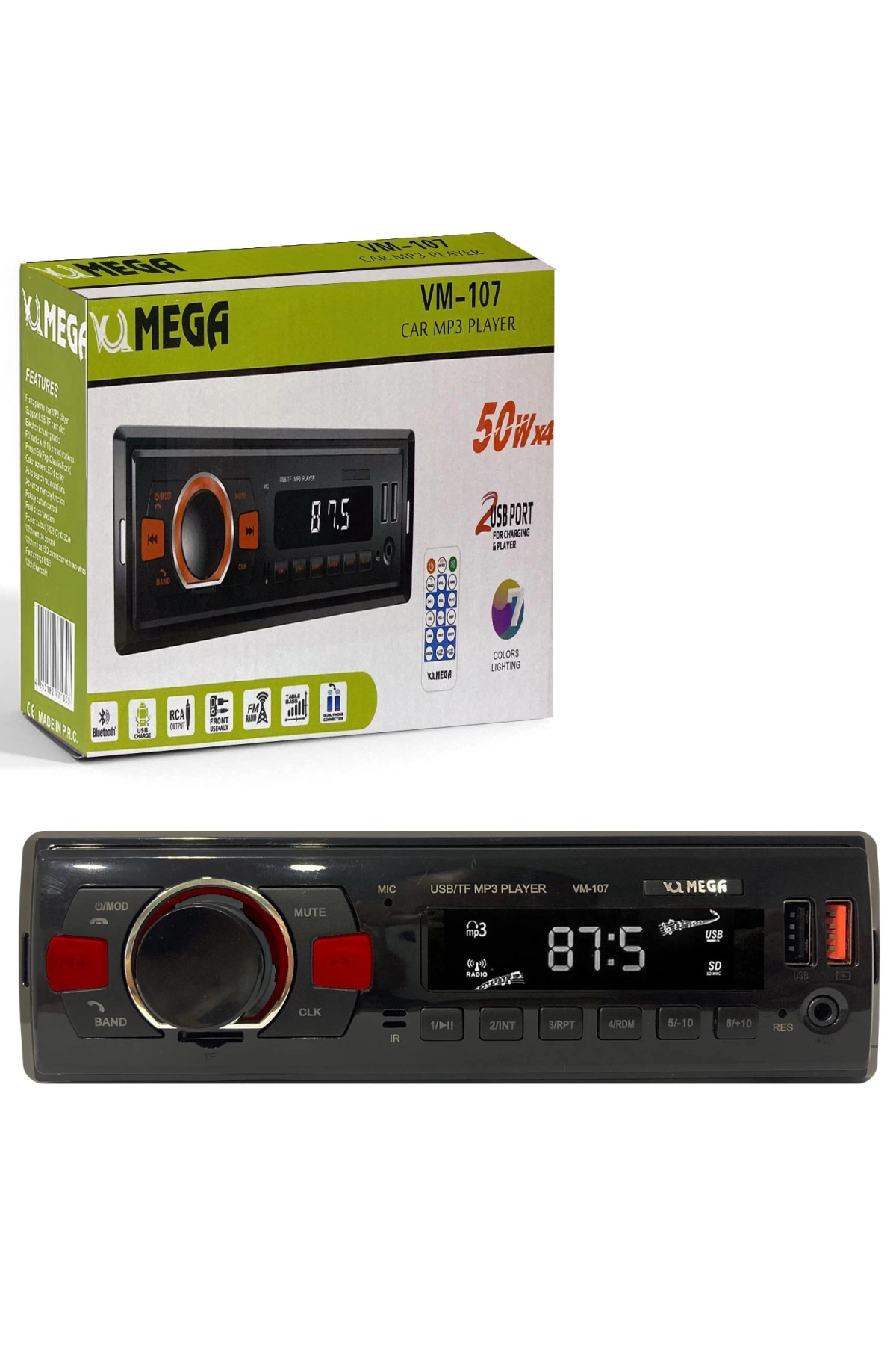 Mega Vm-107 Oto Teyp 4X50 Watt Bluetooth 2Xusb Sd Fm Aux 7 Renk