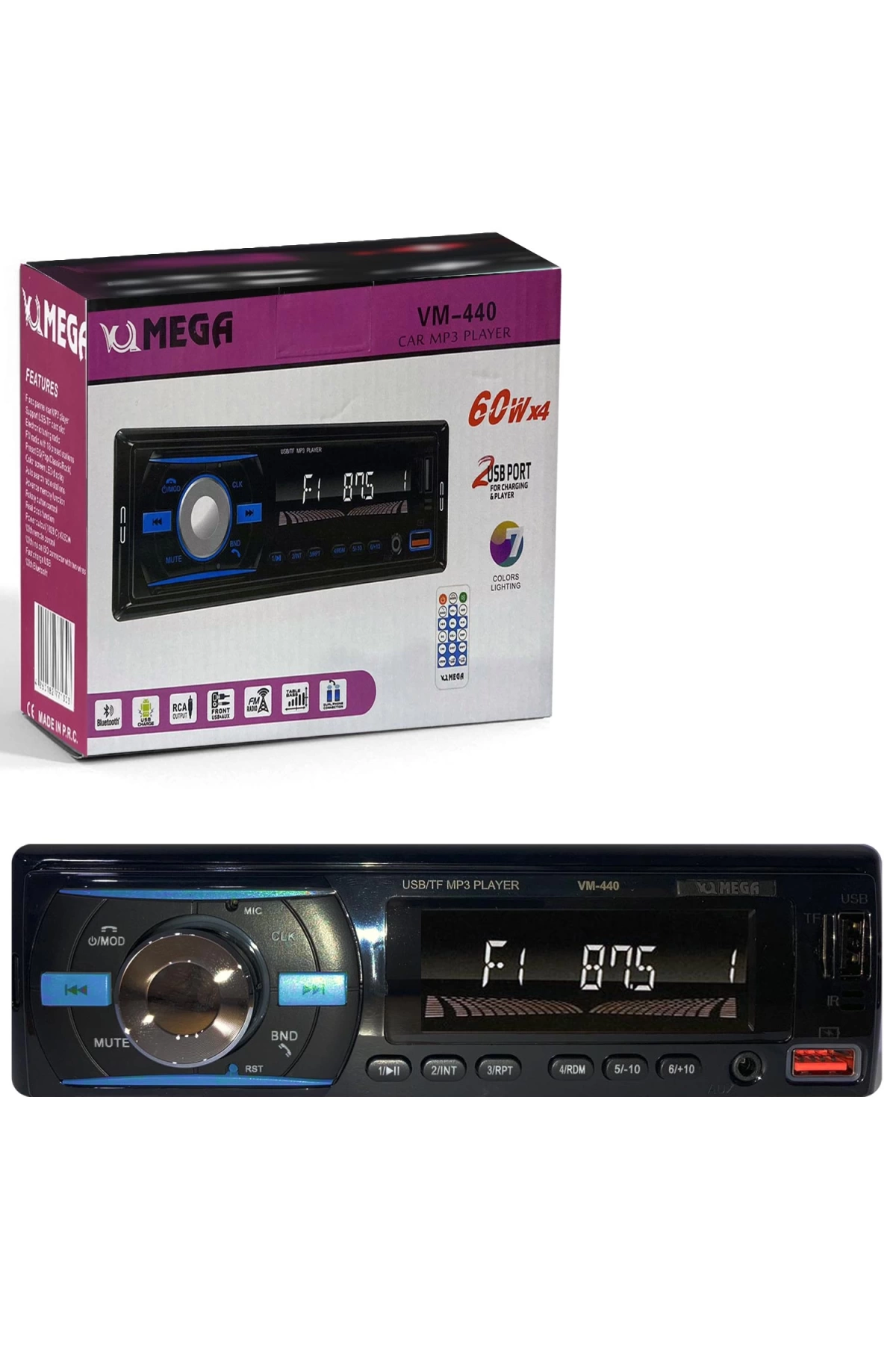 Mega Vm-440 Oto Teyp 4X60 Watt Bluetooth 2Xusb Sd Fm Aux 7 Renk