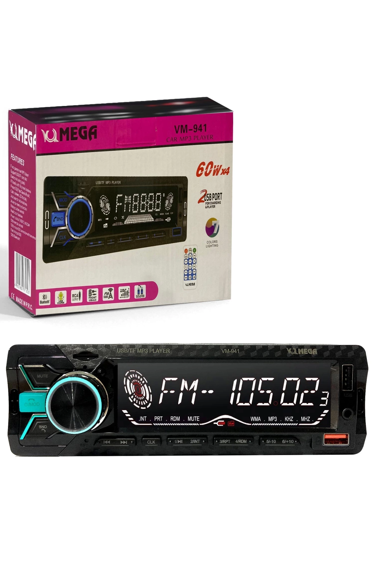 Mega Vm-941 Oto Teyp 4X60 Watt Bluetooth Büyük Ekran 2Xusb Sd Fm Aux 7 Renk