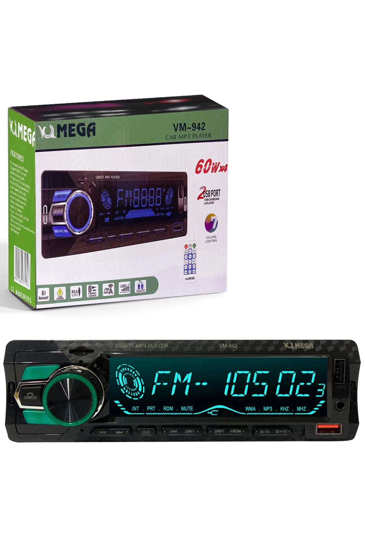 Mega Vm-942 Oto Teyp 4X60 Watt Bluetooth Büyük Ekran 2Xusb Sd Fm Aux 7 Renk