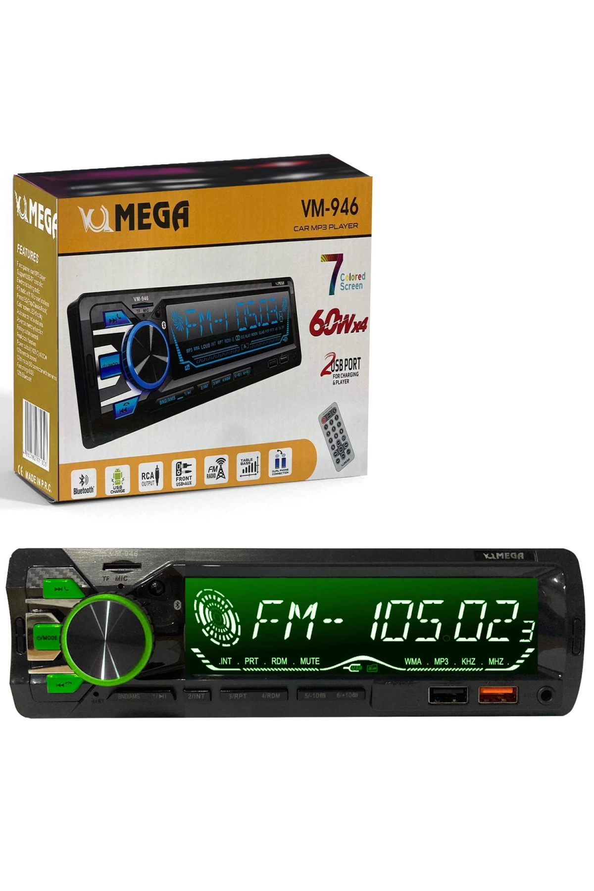 Mega Vm-946 Oto Teyp 4X60 Watt Bluetooth Büyük Ekran 2Xusb Sd Fm Aux 7 Renk