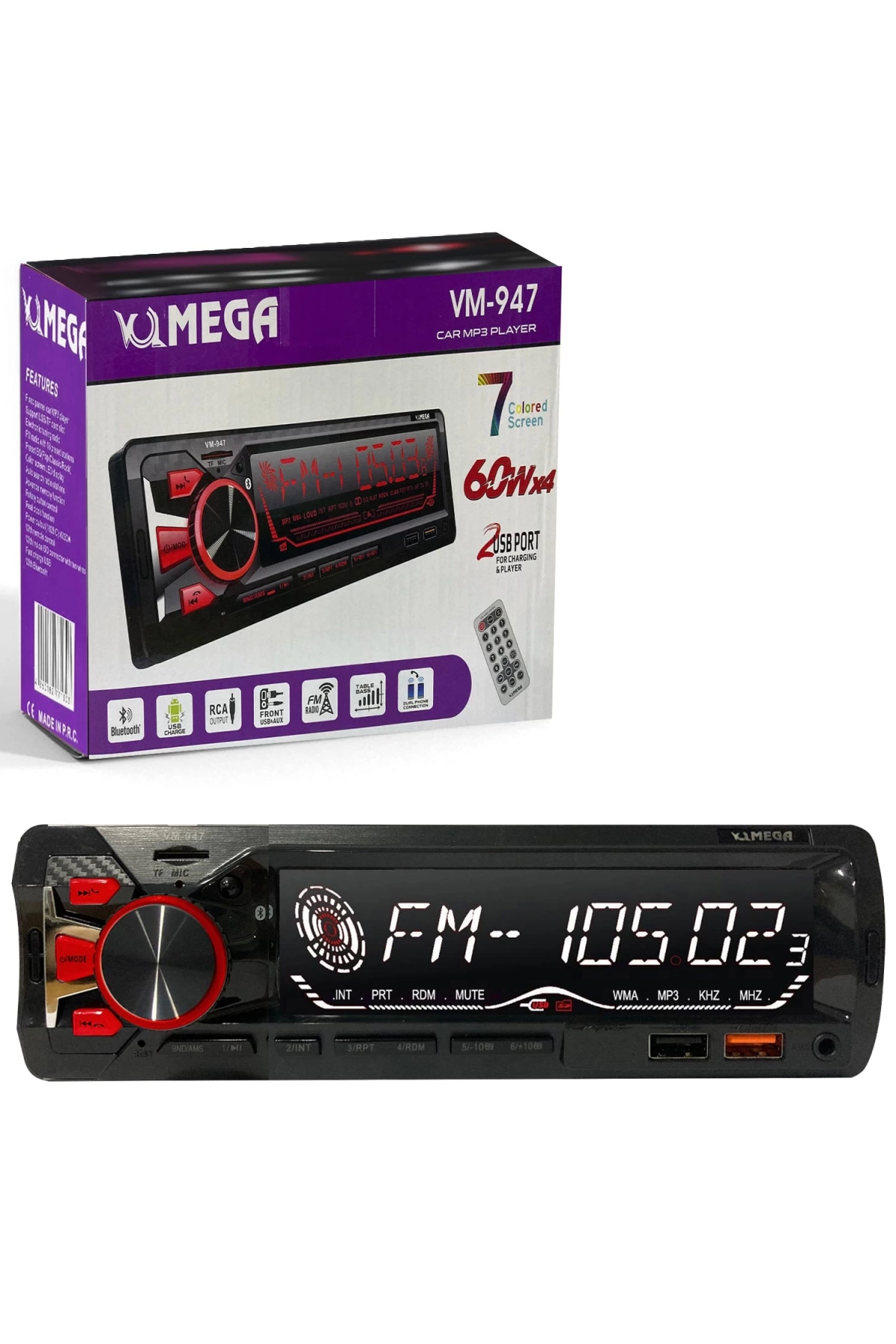 Mega Vm-947 Oto Teyp 4X60 Watt Bluetooth Büyük Ekran 2Xusb Sd Fm Aux 7 Renk