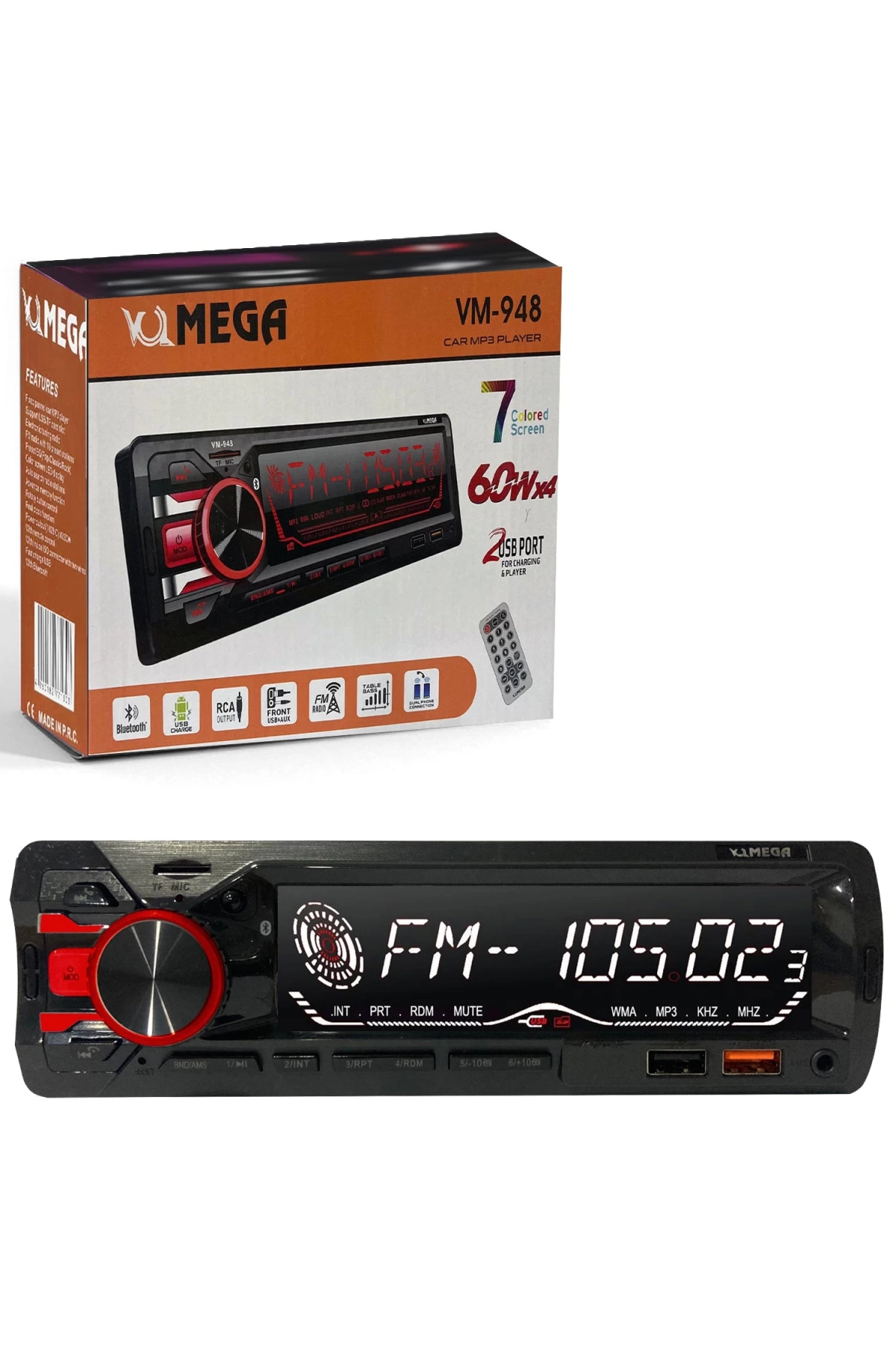 Mega Vm-948 Oto Teyp 4X60 Watt Bluetooth Büyük Ekran 2Xusb Sd Fm Aux 7 Renk