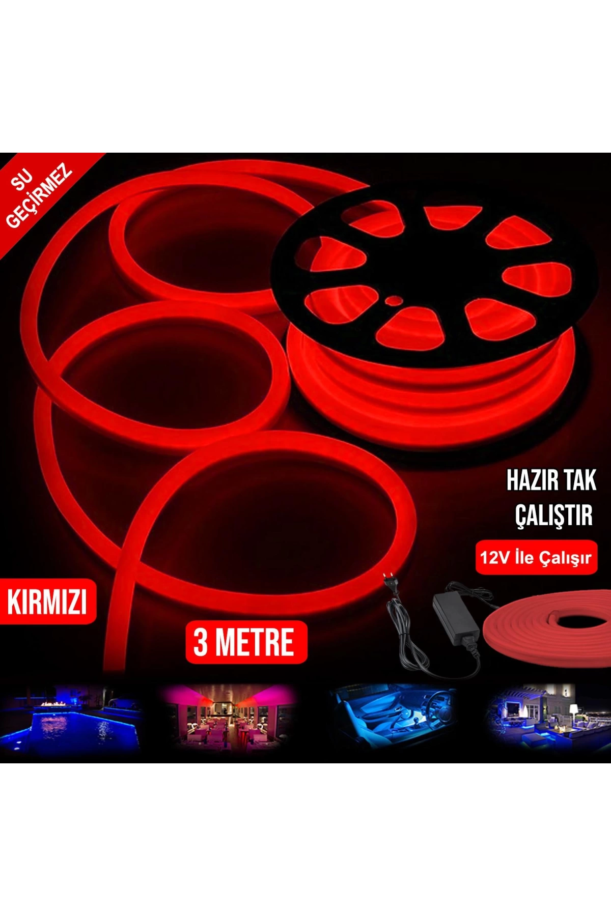 Neon Hortum Led Kırmızı Su Geçirmez 12v 3mt Tak Kullan