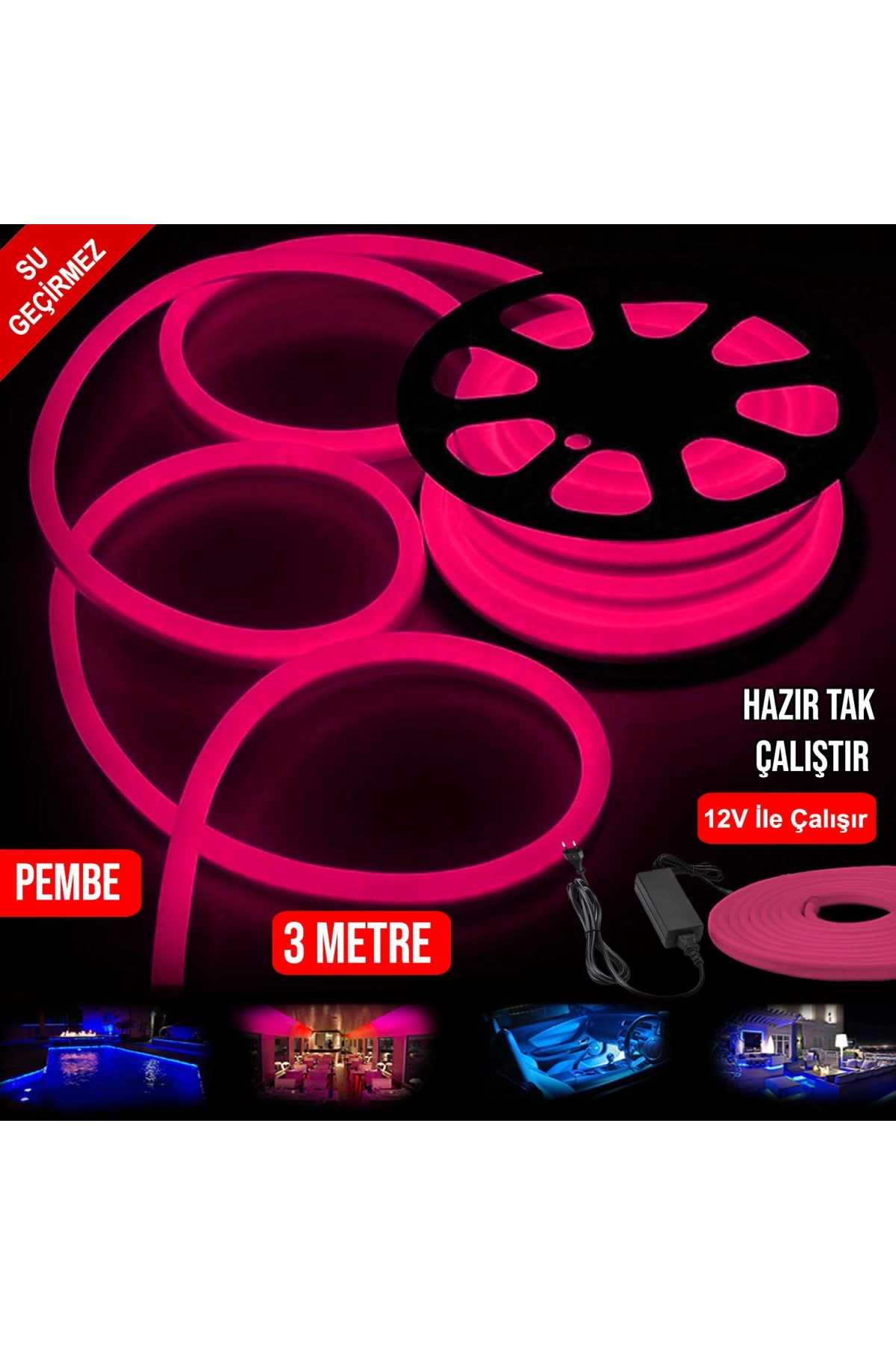 Neon Hortum Led Pembe Su Geçirmez 12v 3mt Tak Kullan