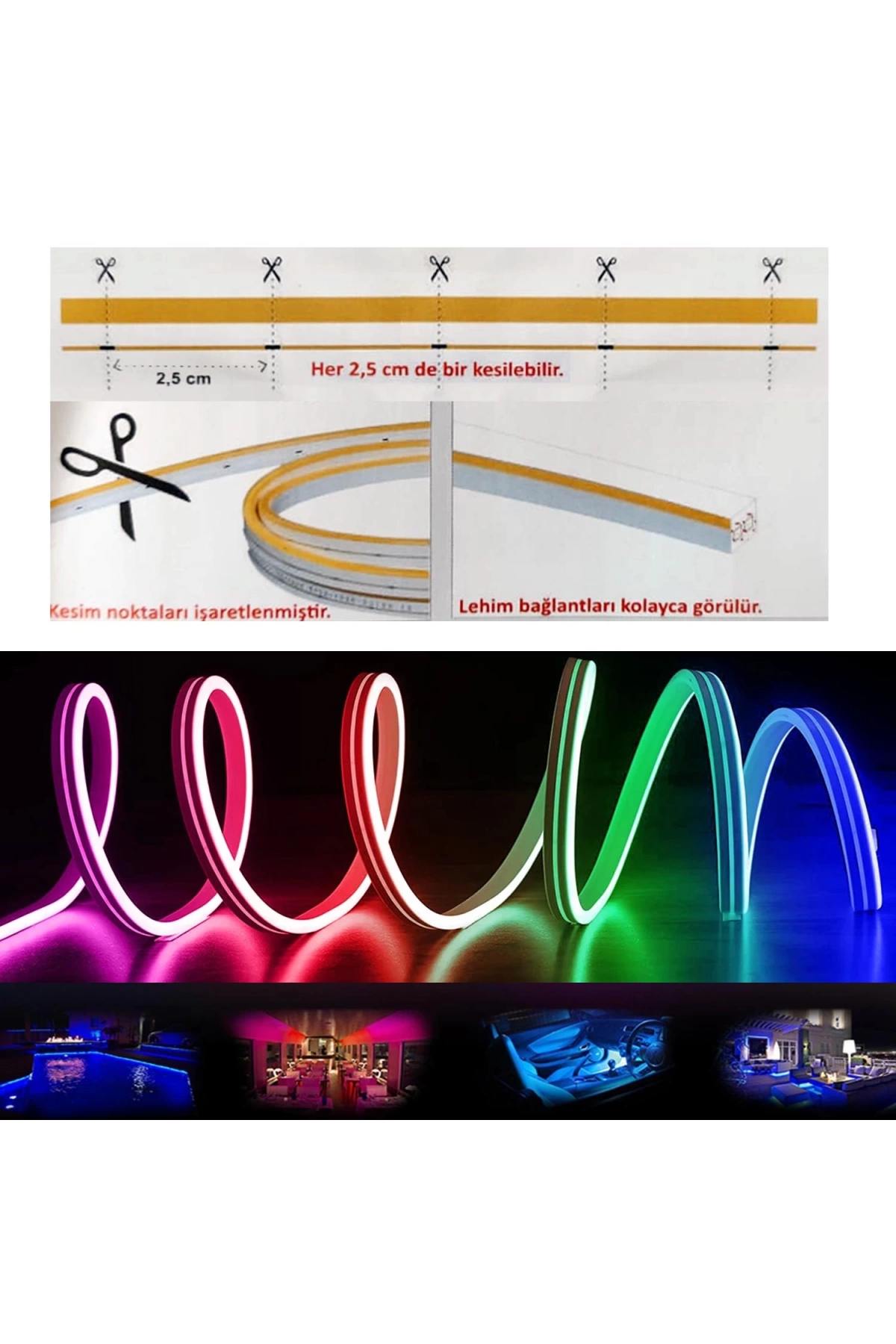 Neon Hortum Led Rgb 12V Su Geçirmez 5Mt Kesilebilir Hıghtek