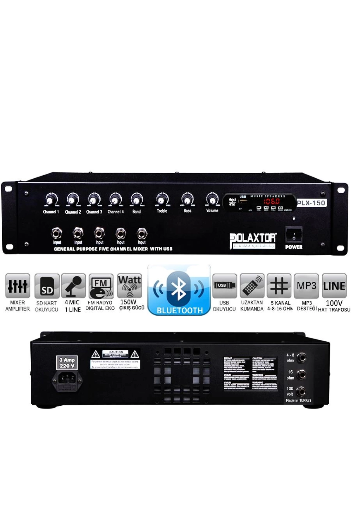 Polaxtor Plx-150t Power Mixer Anfi 5 Kanal 150 Watt Trafolu Bluetooth Usb Sd Fm