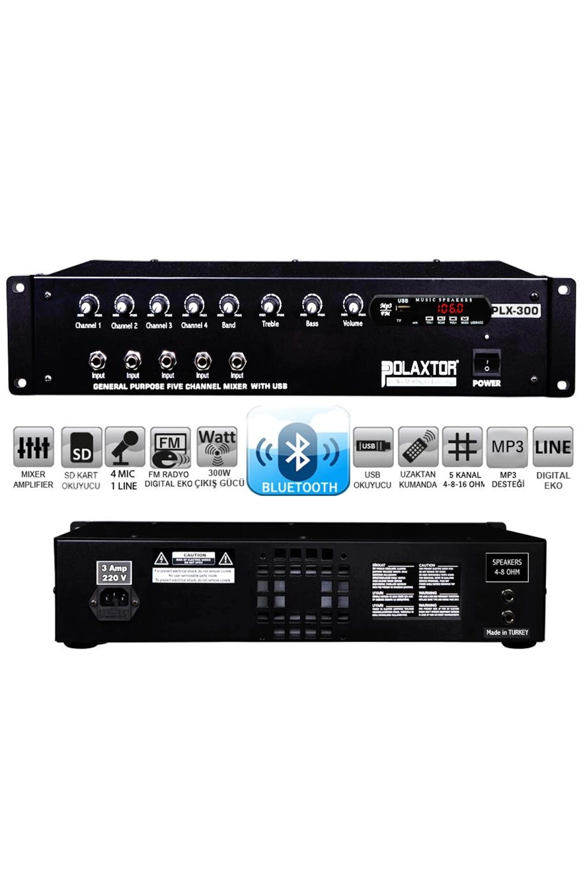 Polaxtor Plx-300 Power Mixer Anfi 5 Kanal 300 Watt Bluetooth Usb Sd Fm