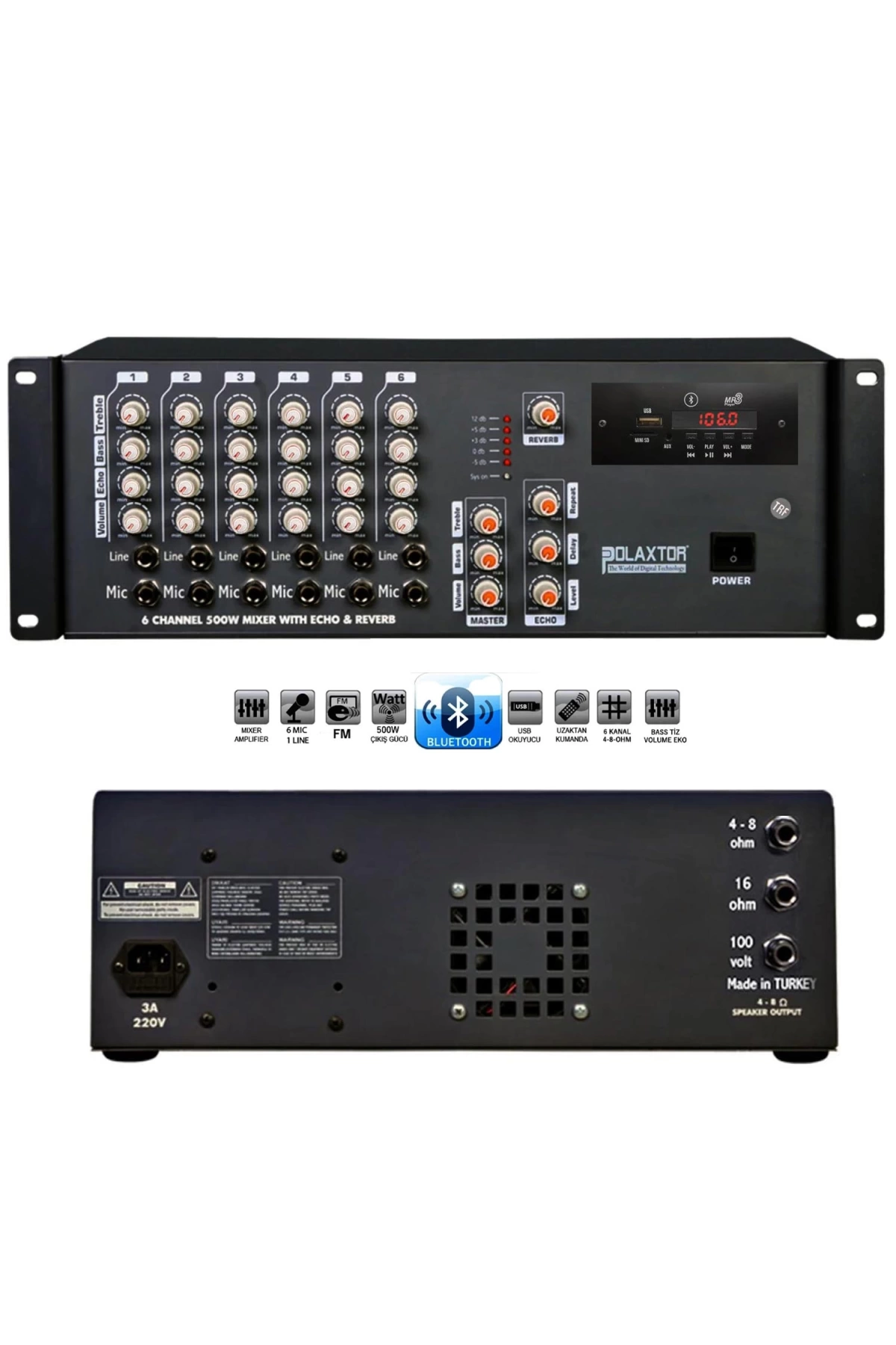 Polaxtor Plx-500t Küp Mixer Anfi 500 Watt 6 Kanal Trafolu Bluetooth Usb Sd Fm