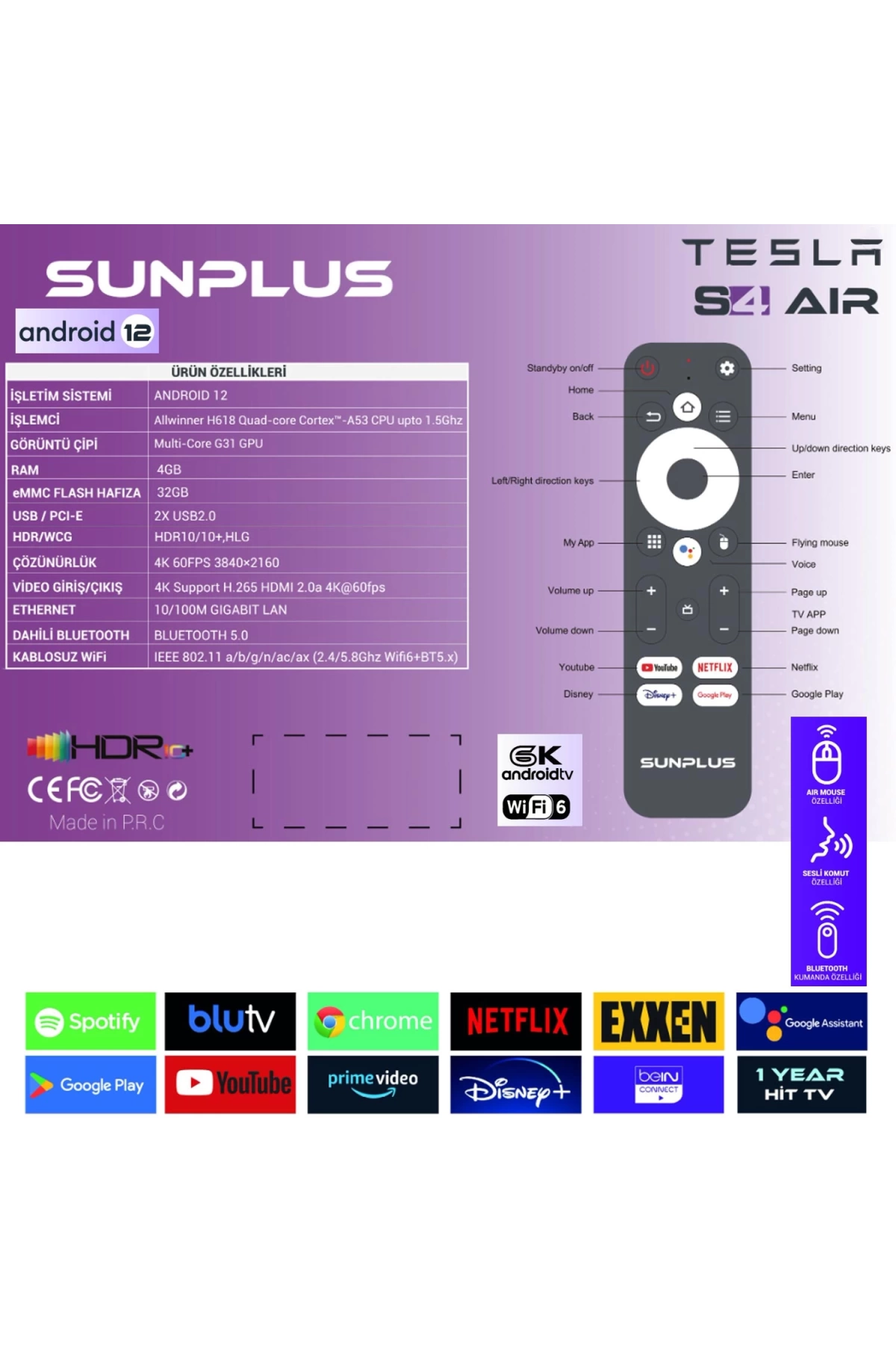 Sunplus Tesla S4 Aır Android Tv Box 4+32gb