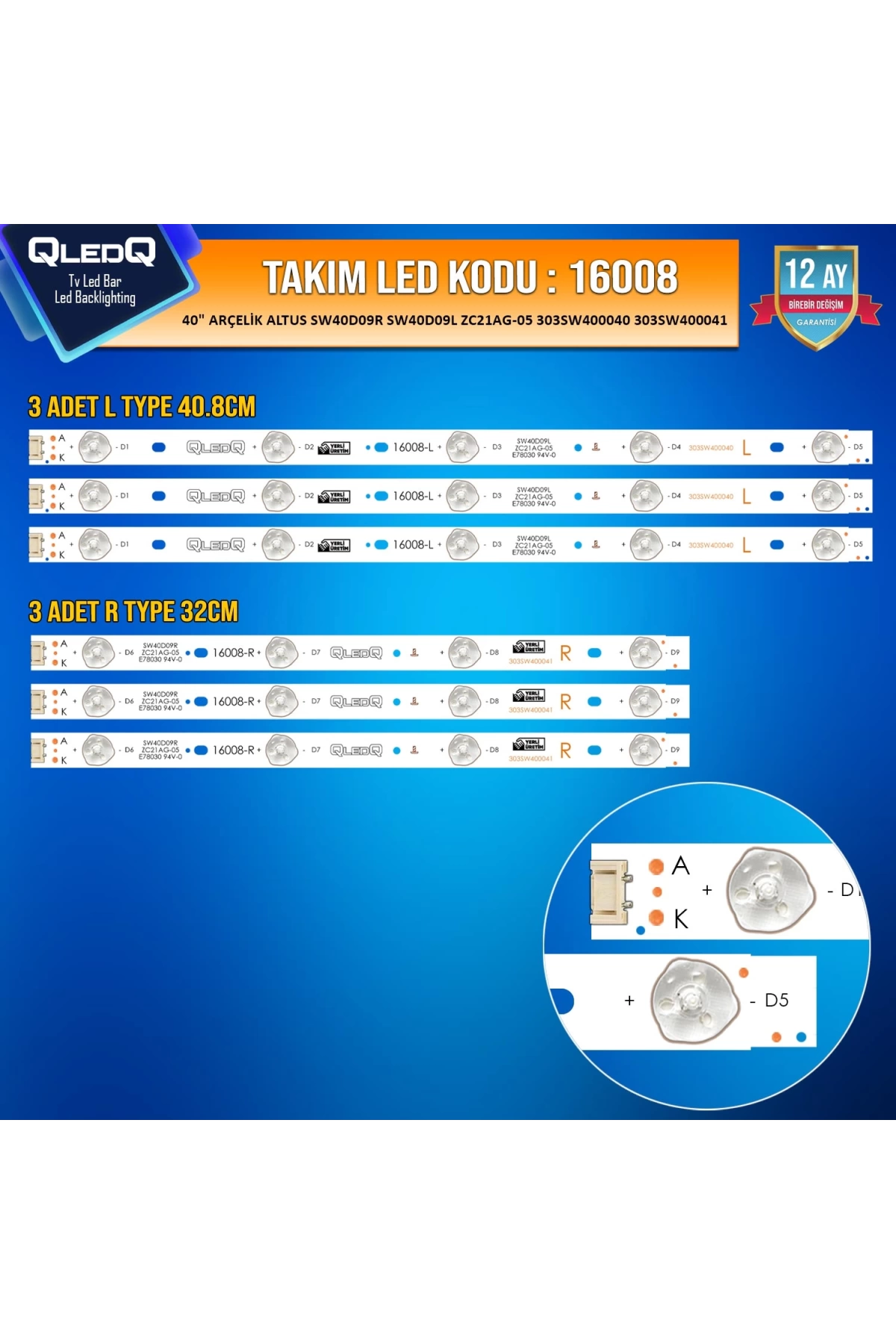 Takım Led-108 (3xr-3xl) 40 Arçelik Altus Sw40d09r Sw40d09l Zc21ag-05 303sw400040 303sw400041 Al40l 47214b Al40l 47254b