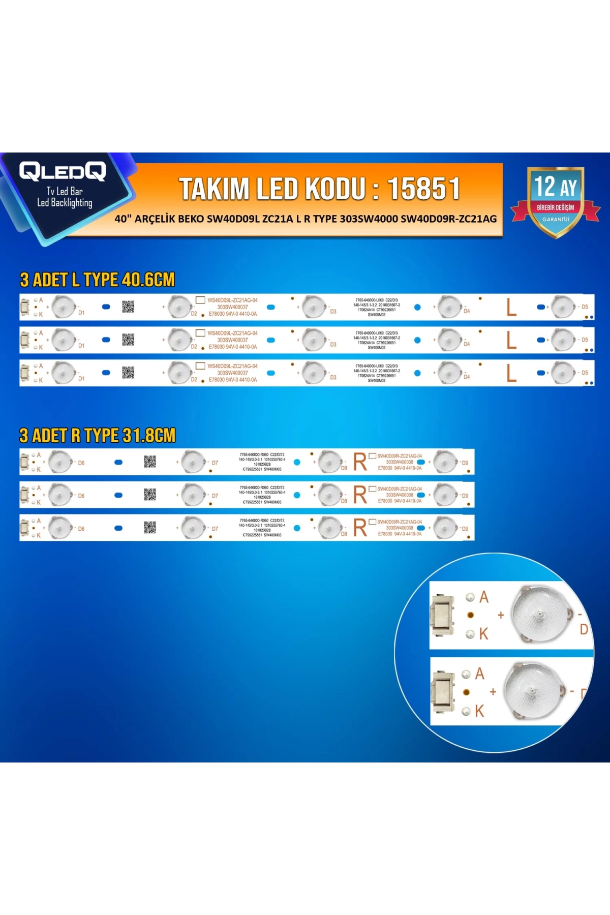 Takım Led-51 (3xr-3xl) 40 Arçelik Beko Sw40d09l Zc21a L R Type 303sw4000 Sw40d09r-zc21ag