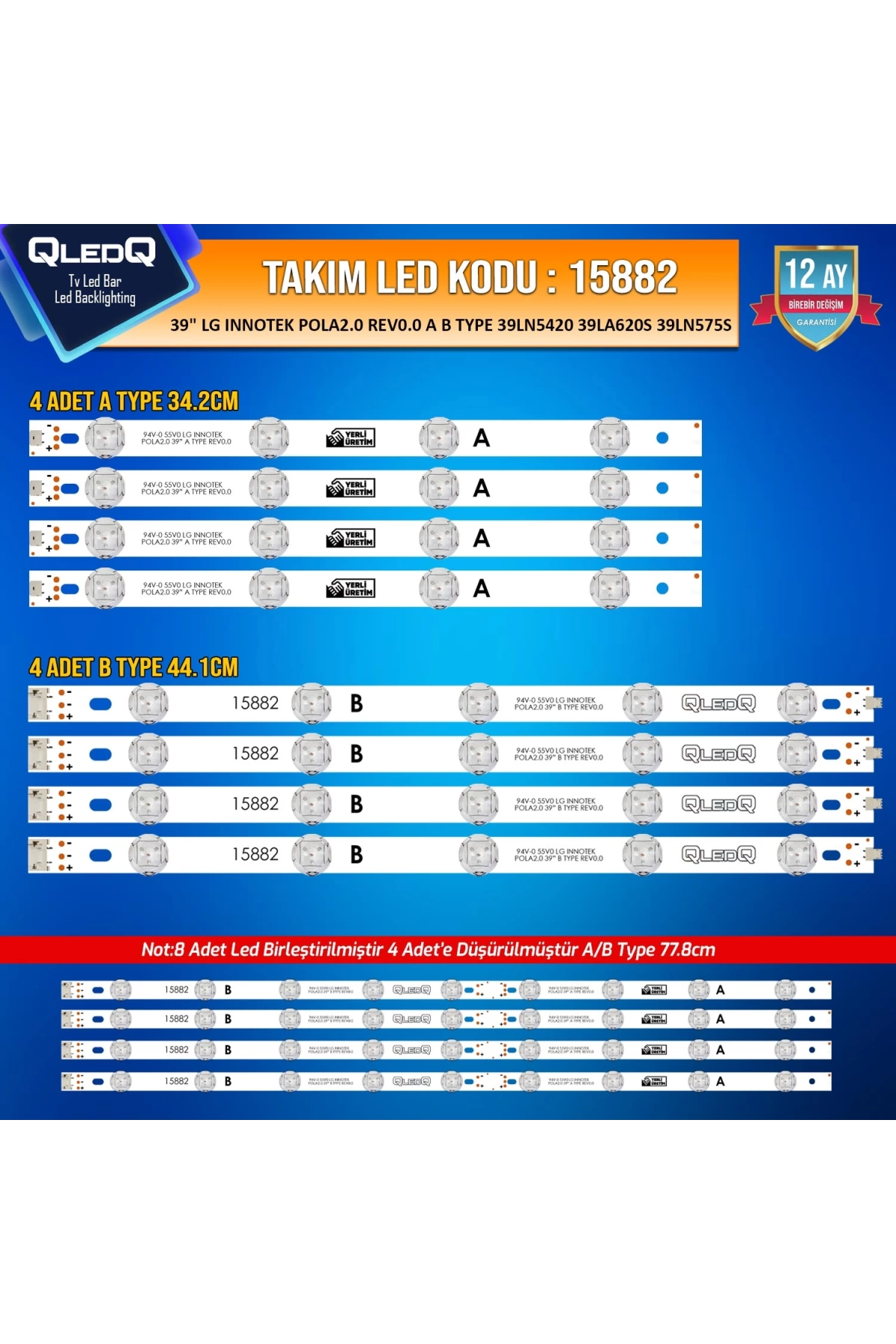 Takım Led-82 (4xpcb) 39 Lg Innotek Pola2.0 Rev0.0 A B Type 39ln5420 39la620s 39ln575s