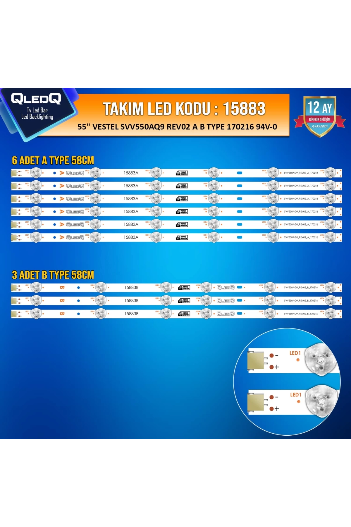 Takım Led-83 (6xa-3xb) 55 Vestel Svv550aQ9 Rev02 170216 A B Type 94v-0 55tu7020 55v5863dat 55uhl960 55r7020u 55ud8400