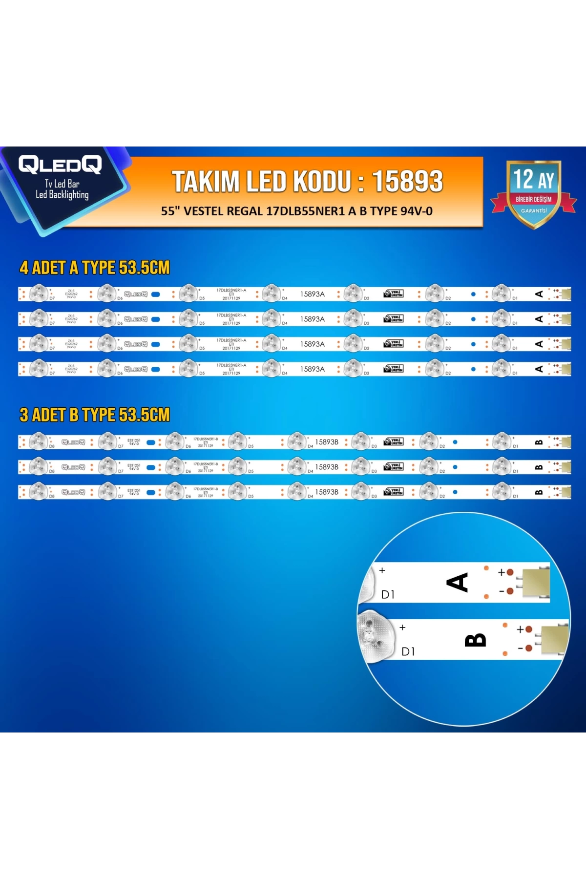 Takım Led-93 (4xa-3xb) 55 Vestel Regal 17dlb55ner1 A B Type 55fx660ua 55ub5051 55uhl900 55r6020u 55uhd292p