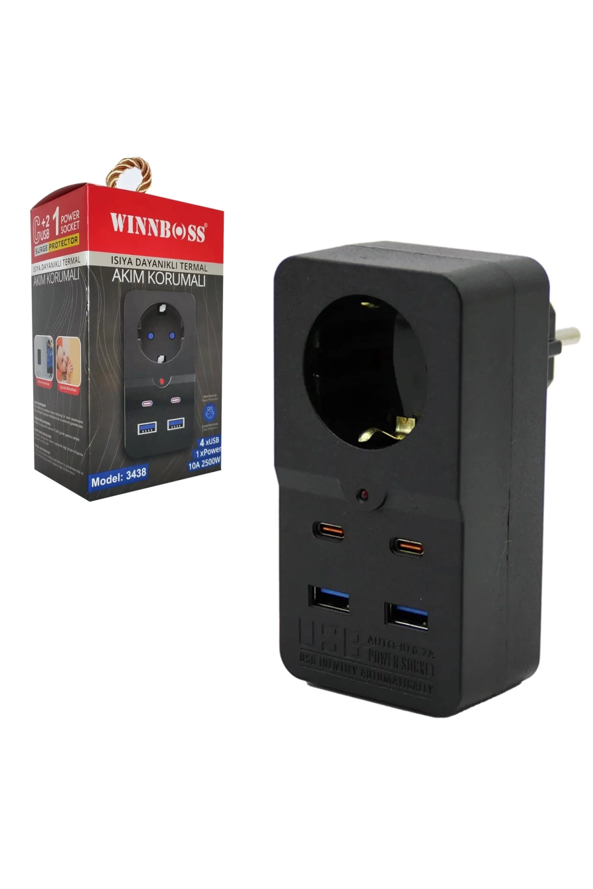 WINNBOSS WN-3438 Tekli Akım Korumalı Priz 10A 2500 Watt 2XUSB 2XType-c