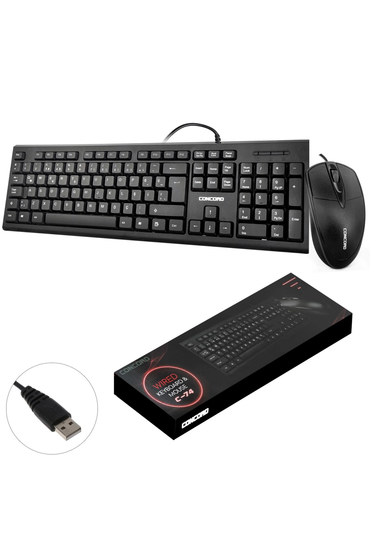 Concord C-74 Kablolu Klavye Q Türkçe Standart + Mouse Seti