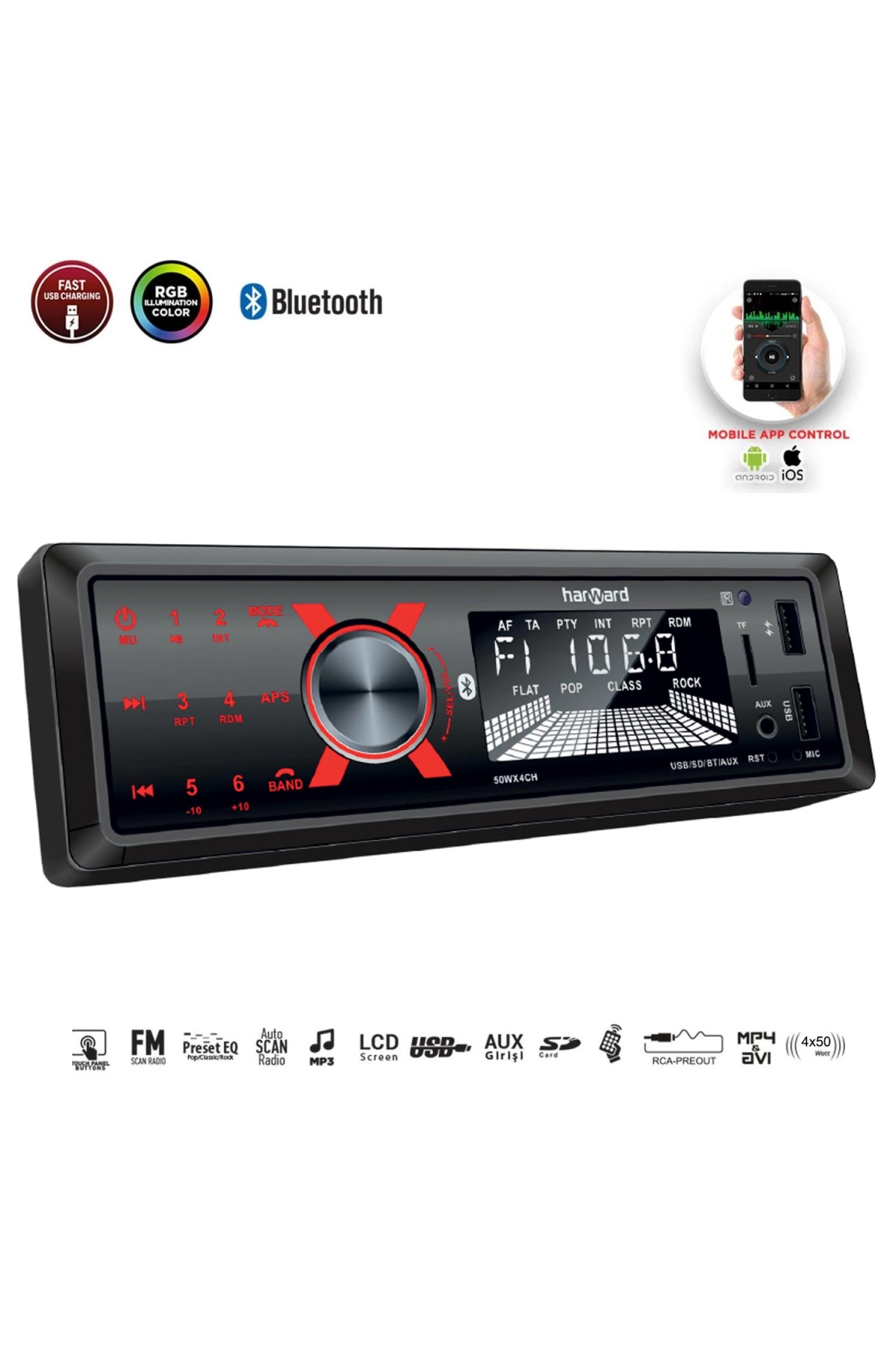 Harward Hr-mx651 Oto Teyp 4x50 Watt Bluetooth Mobil Aplikasyon 2xusb Sd Fm Aux