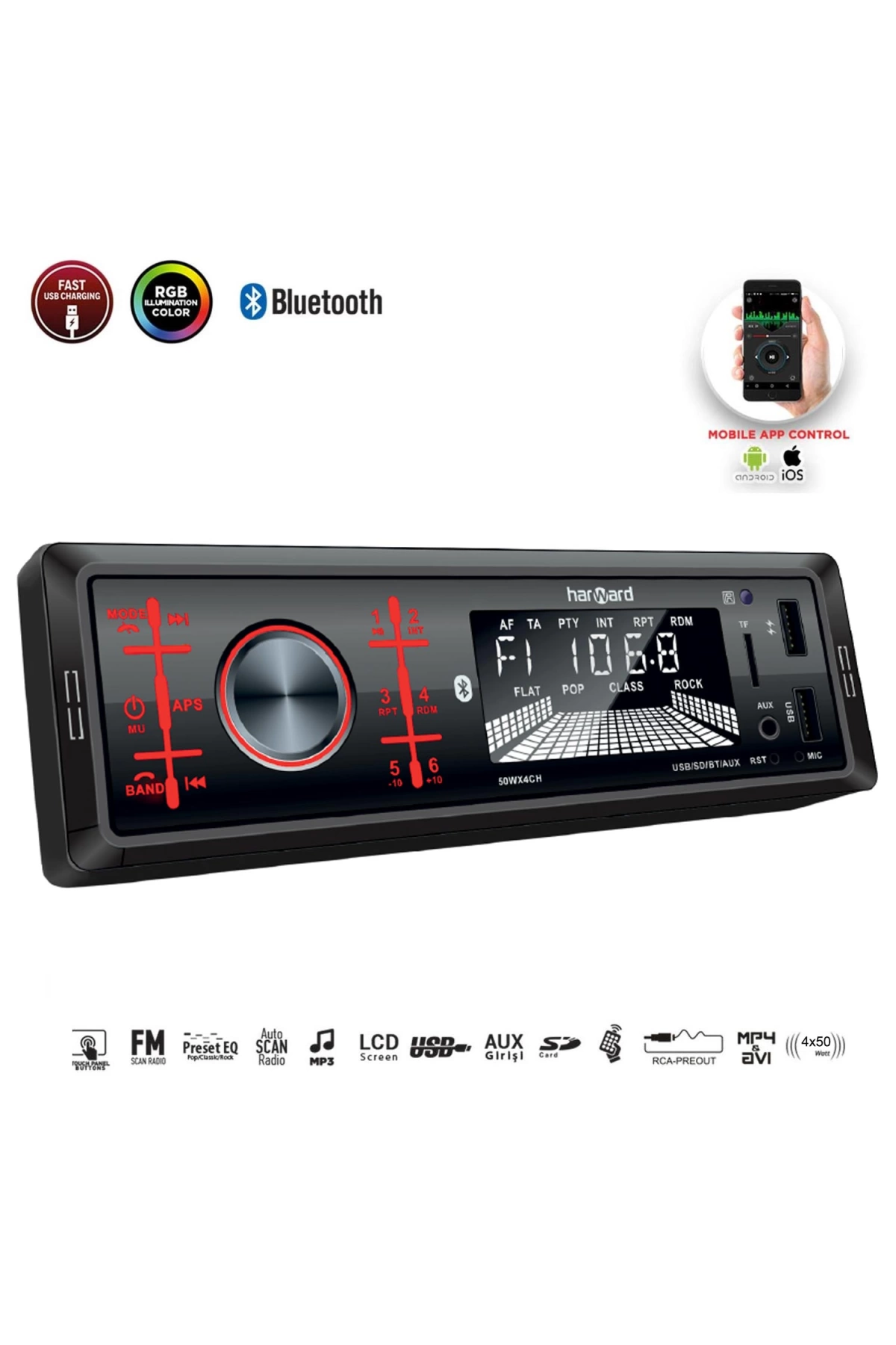 Harward Hr-mx652 Oto Teyp 4x50 Watt Bluetooth Mobil Aplikasyon 2xusb Sd Fm Aux