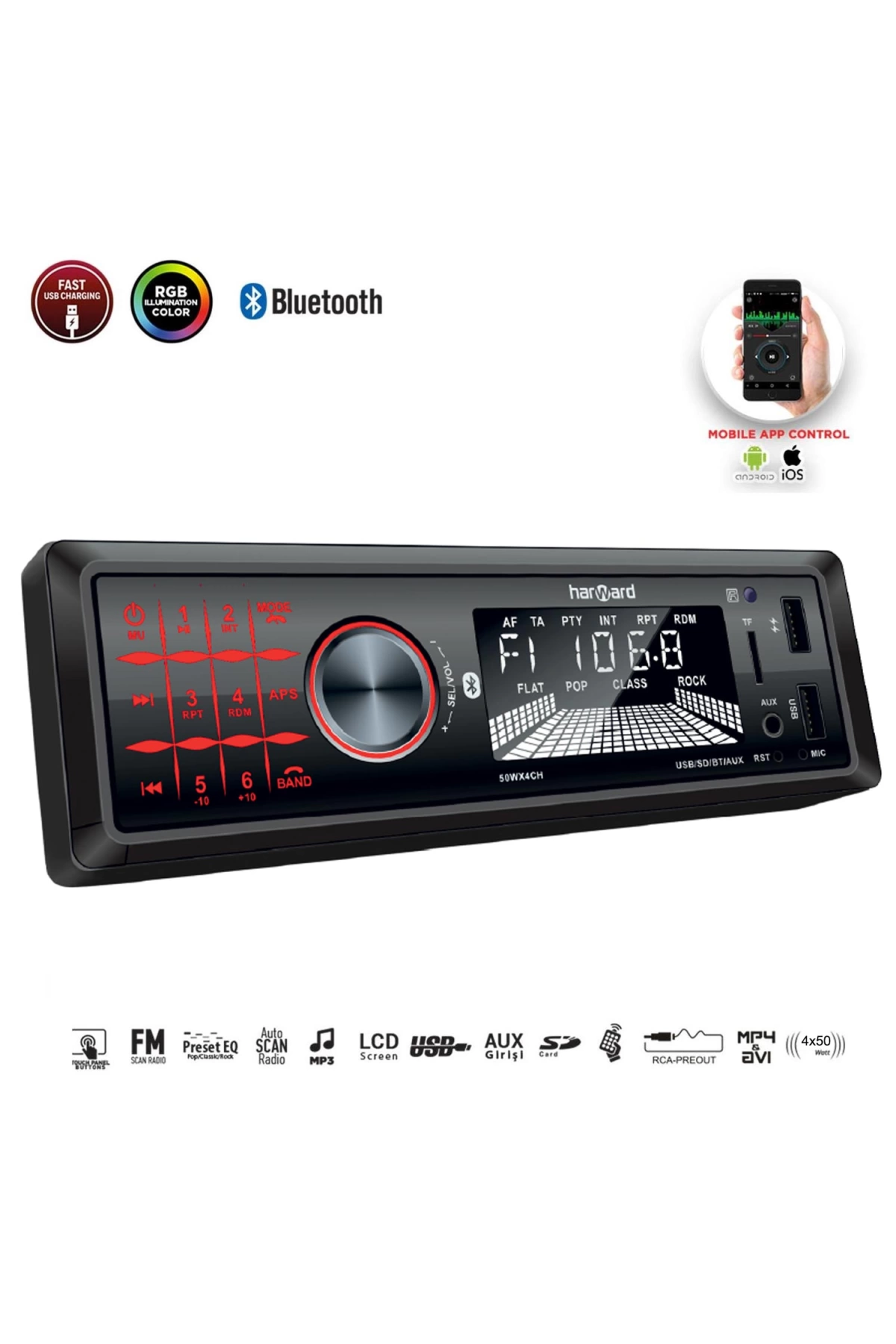 Harward Hr-mx653 Oto Teyp 4x50 Watt Bluetooth Mobil Aplikasyon 2xusb Sd Fm Aux