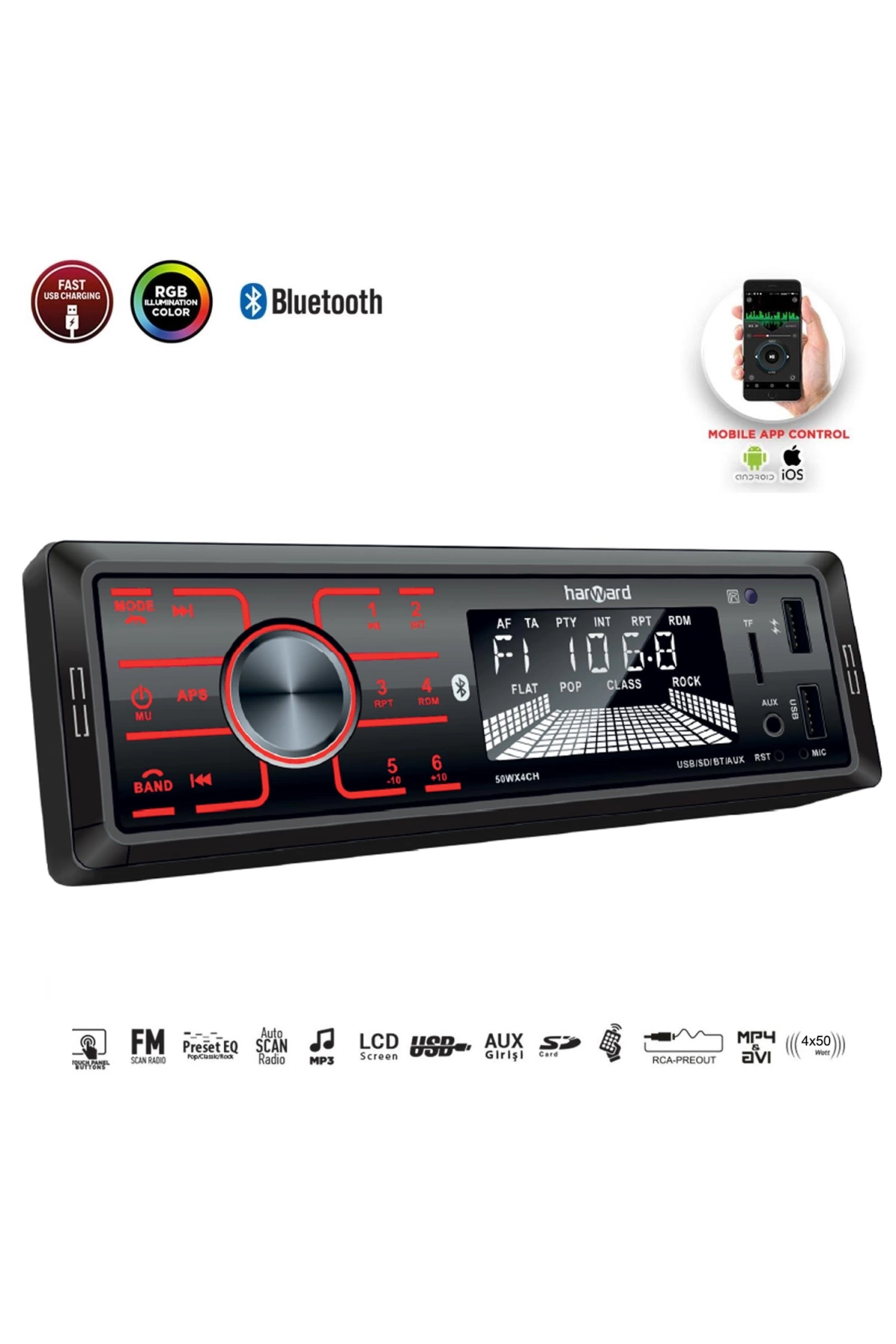 Harward Hr-mx654 Oto Teyp 4x50 Watt Bluetooth Mobil Aplikasyon 2xusb Sd Fm Aux