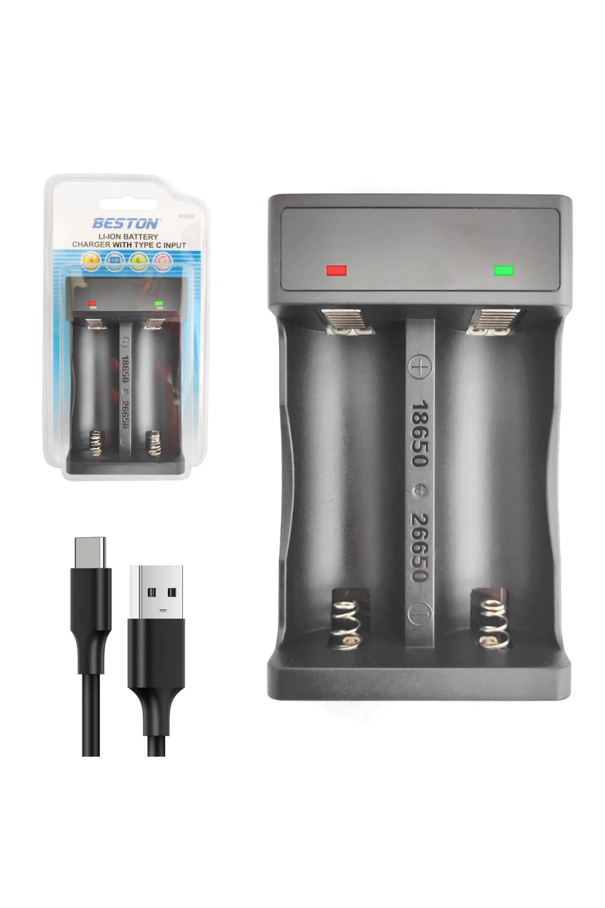 Beston M-7028 Pil Şarj Aleti 2li Usb Ekranlı 18650-26650 Li-ion