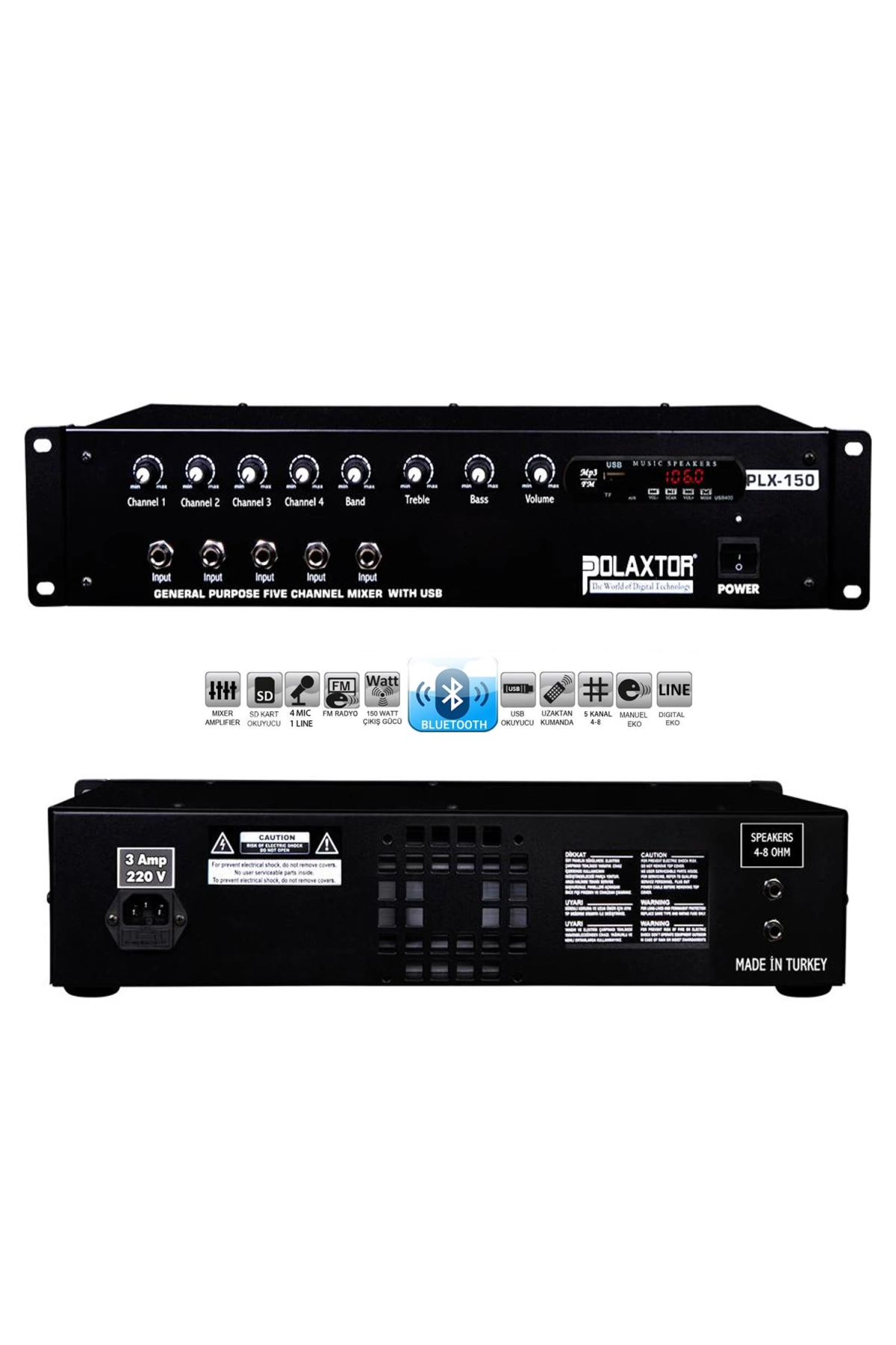 Polaxtor Plx-150 Power Mixer Anfi 5 Kanal 150 Watt Bluetooth Usb Sd Fm