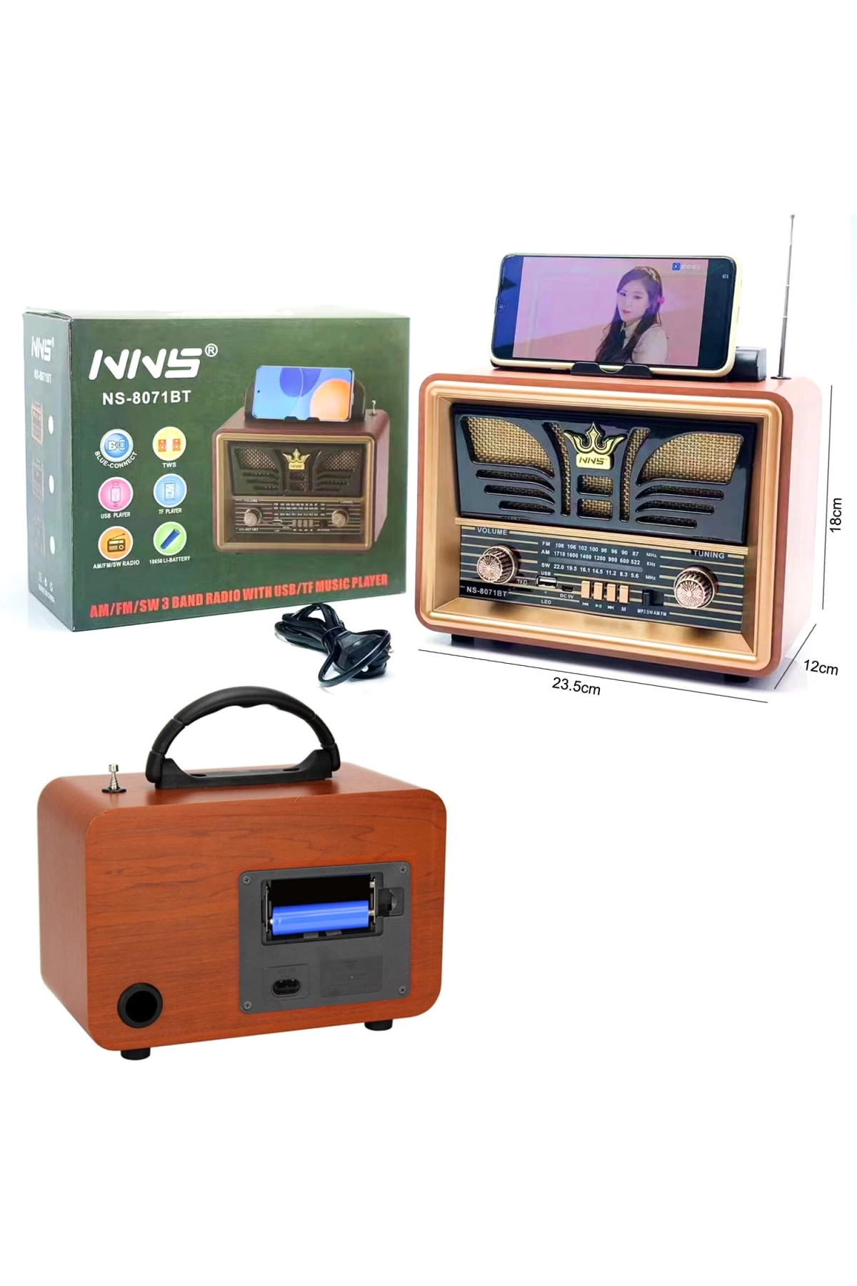 Radyo Nostalji Şarjlı Pilli Bt/usb/sd Telefon Standlı Nns Ns-8071bt