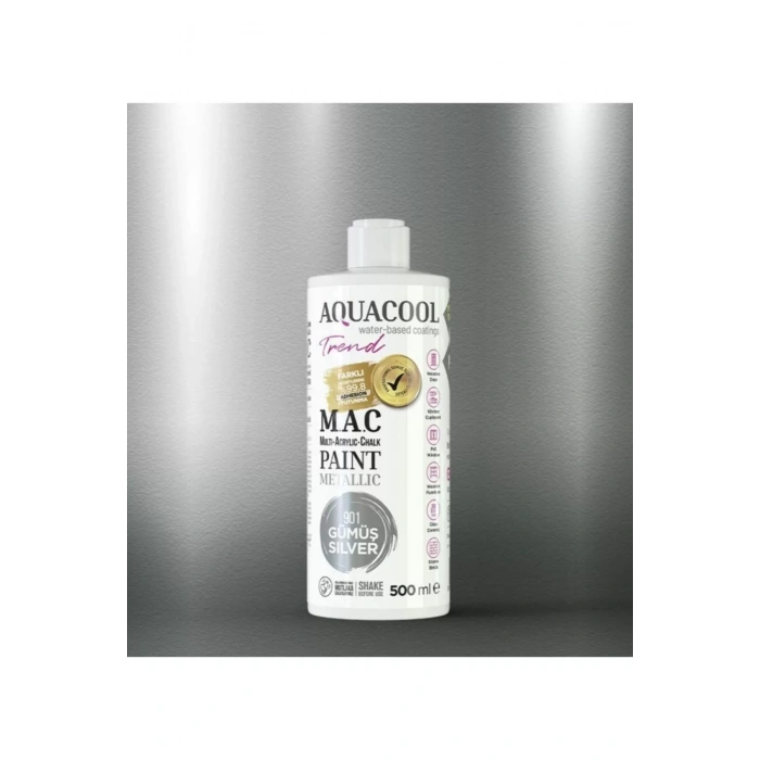 Aquacool Trend Su Bazlı Akrilik Dönüşüm Boyası Metalik Renk 901 Gümüş 500ml