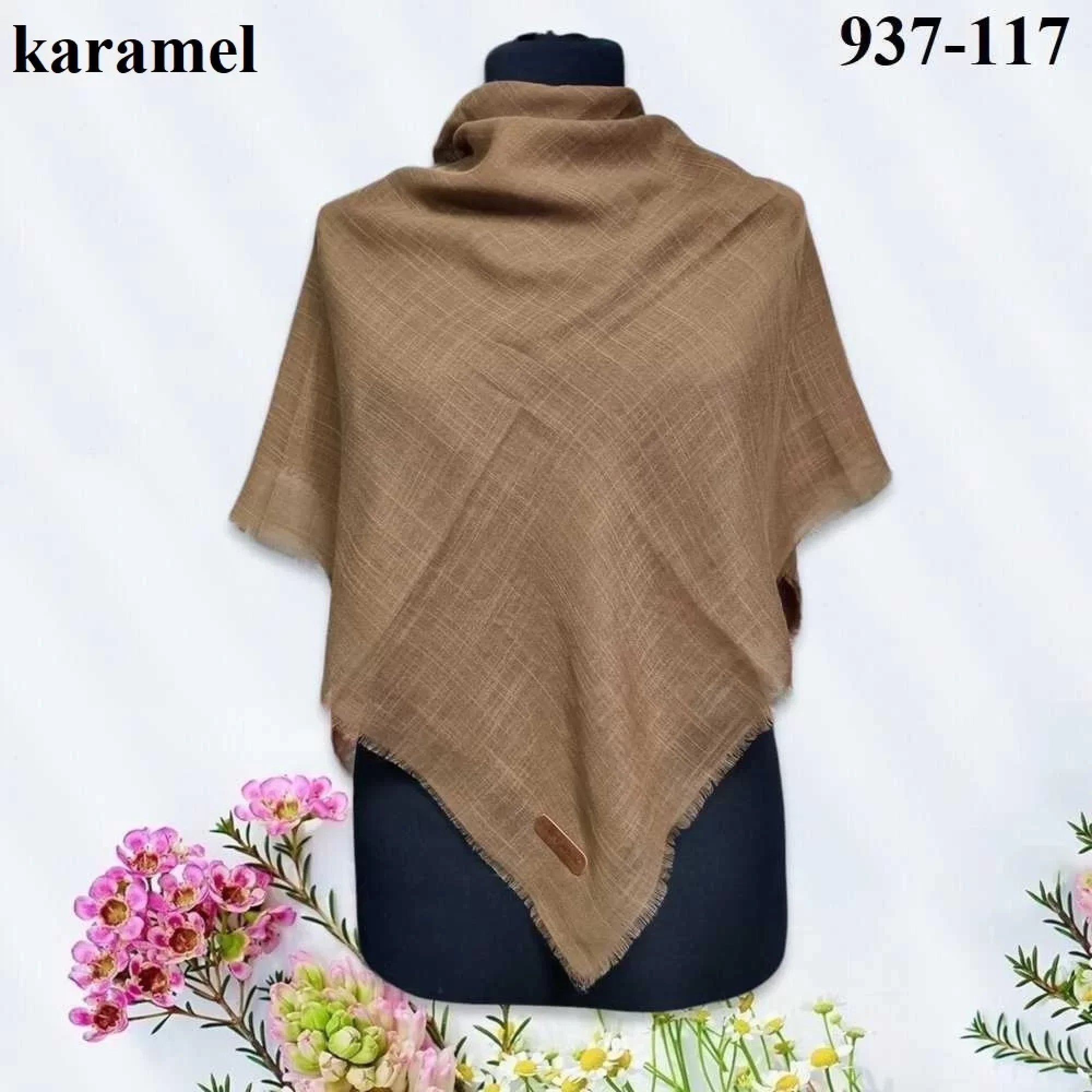 Soft İpek Düz Renk Flamlı Pamuk Eşarp (Karamel) 937-117