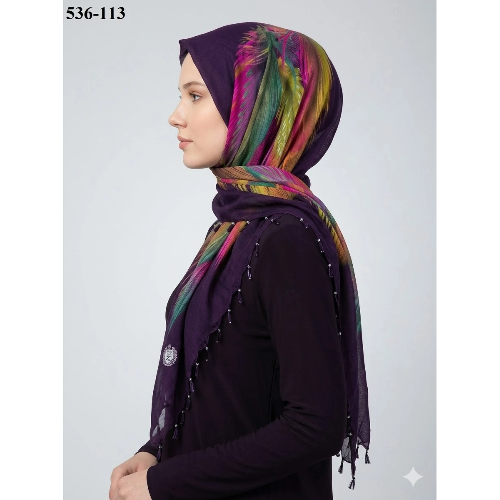 Naz İpek Desenli Sökme Boncuklu Eşarp 536-113