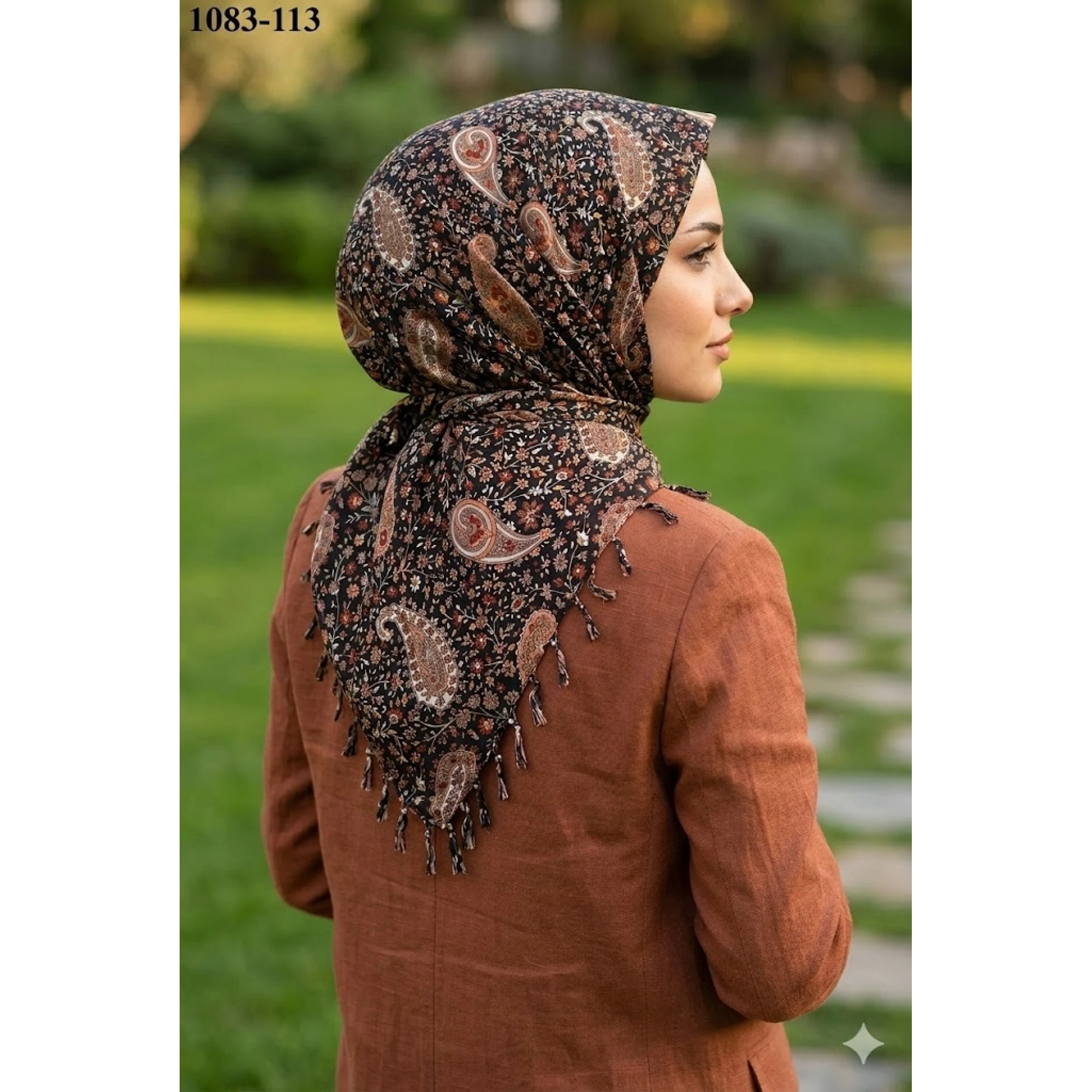 Huzurlu İpek Desenli Sökme Boncuklu Eşarp 1083-113