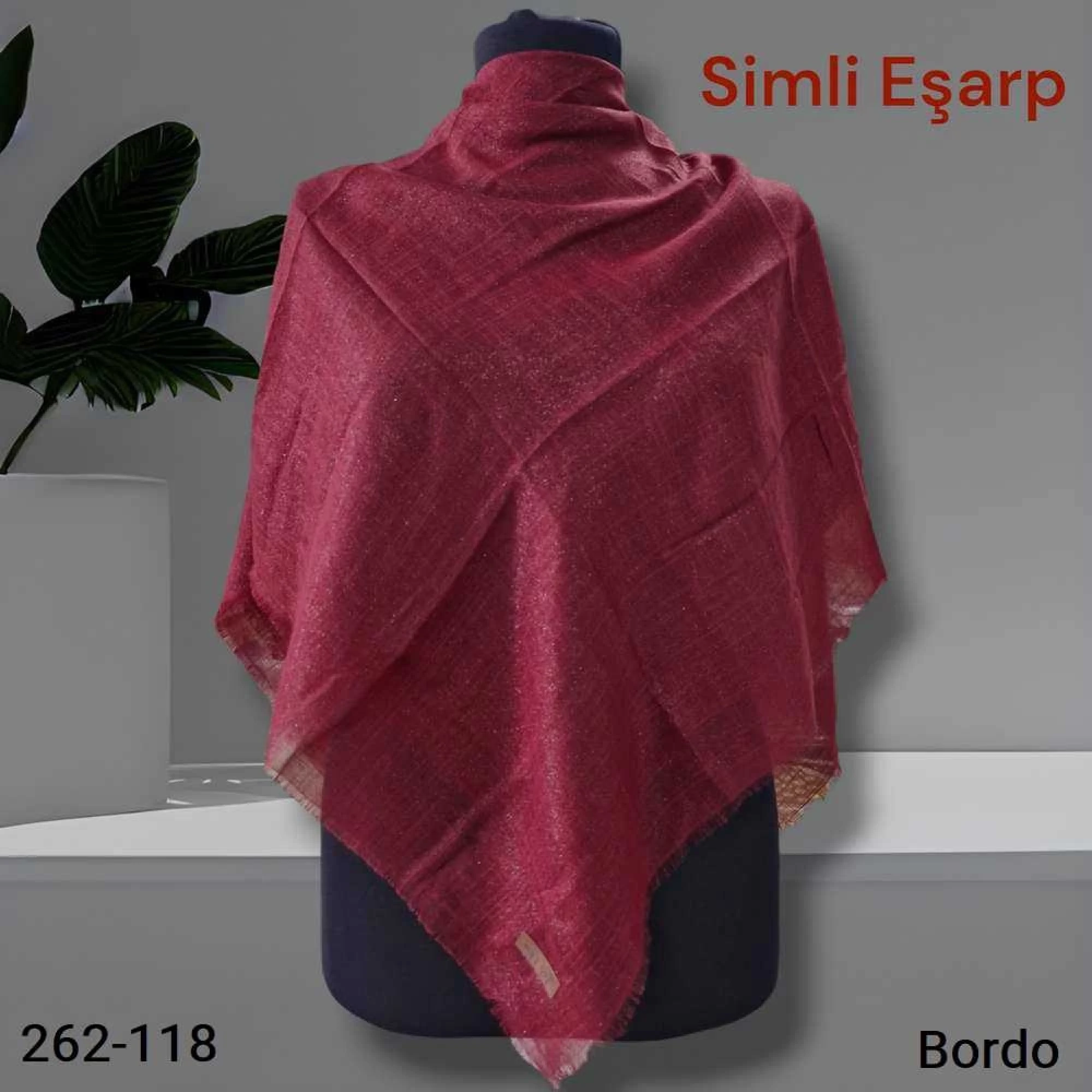 Soft İpek Düz Renk Simli Flamlı Eşarp Bordo  262-118