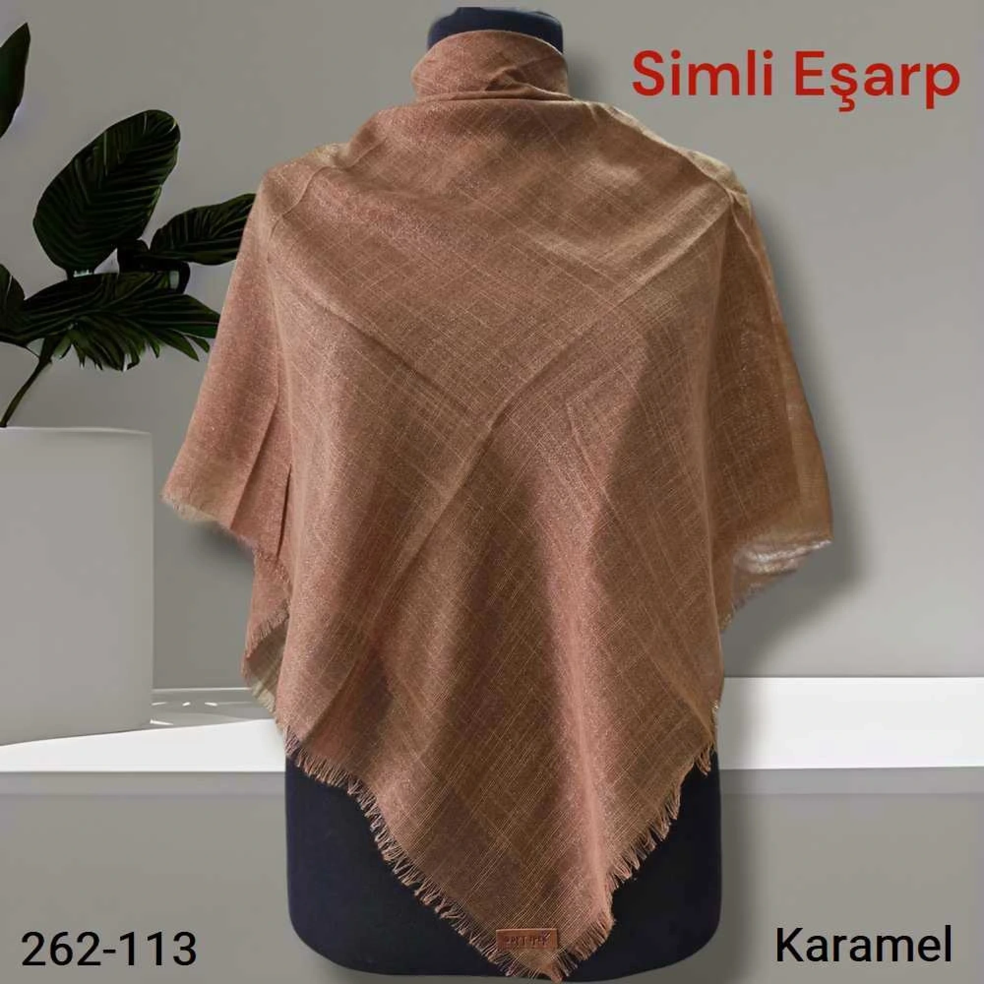 Soft İpek Düz Renk Simli Flamlı Eşarp karamel 262-113