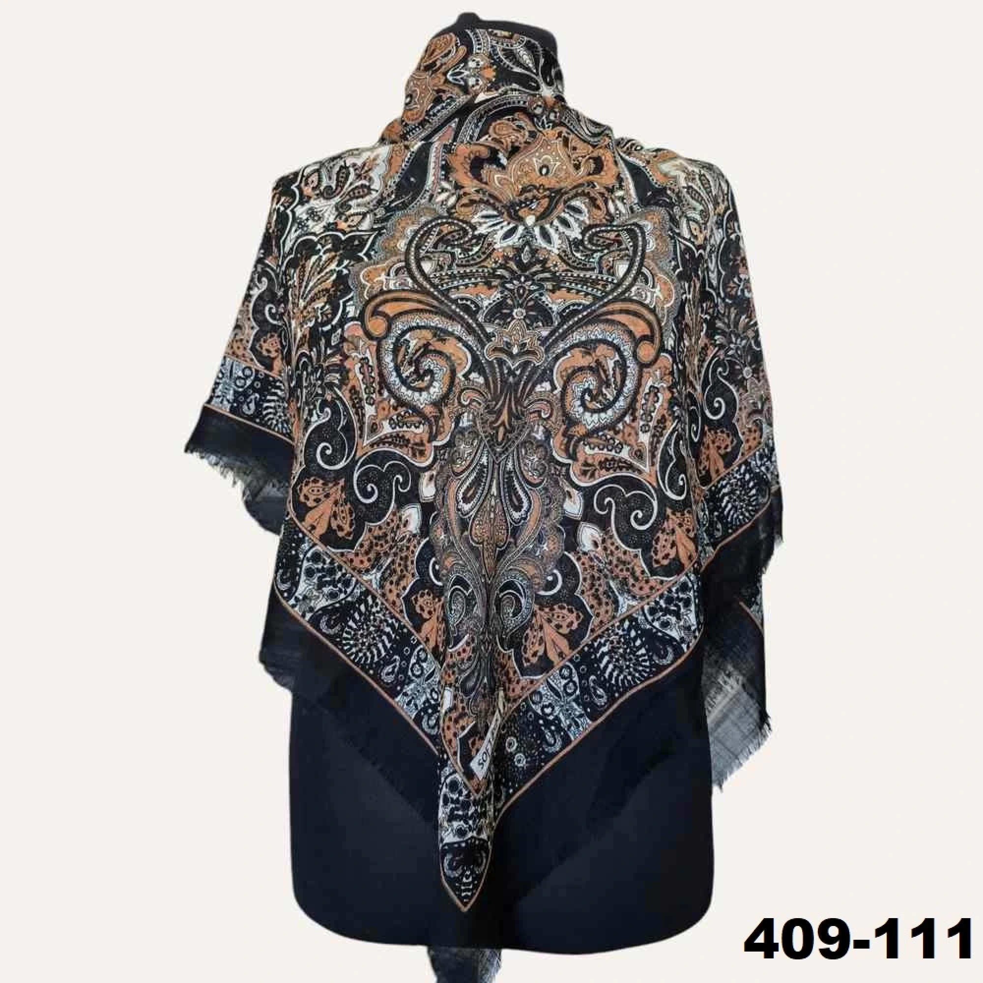 Soft İpek Etnik Desenli Flamlı Kotton Eşarp 409-111