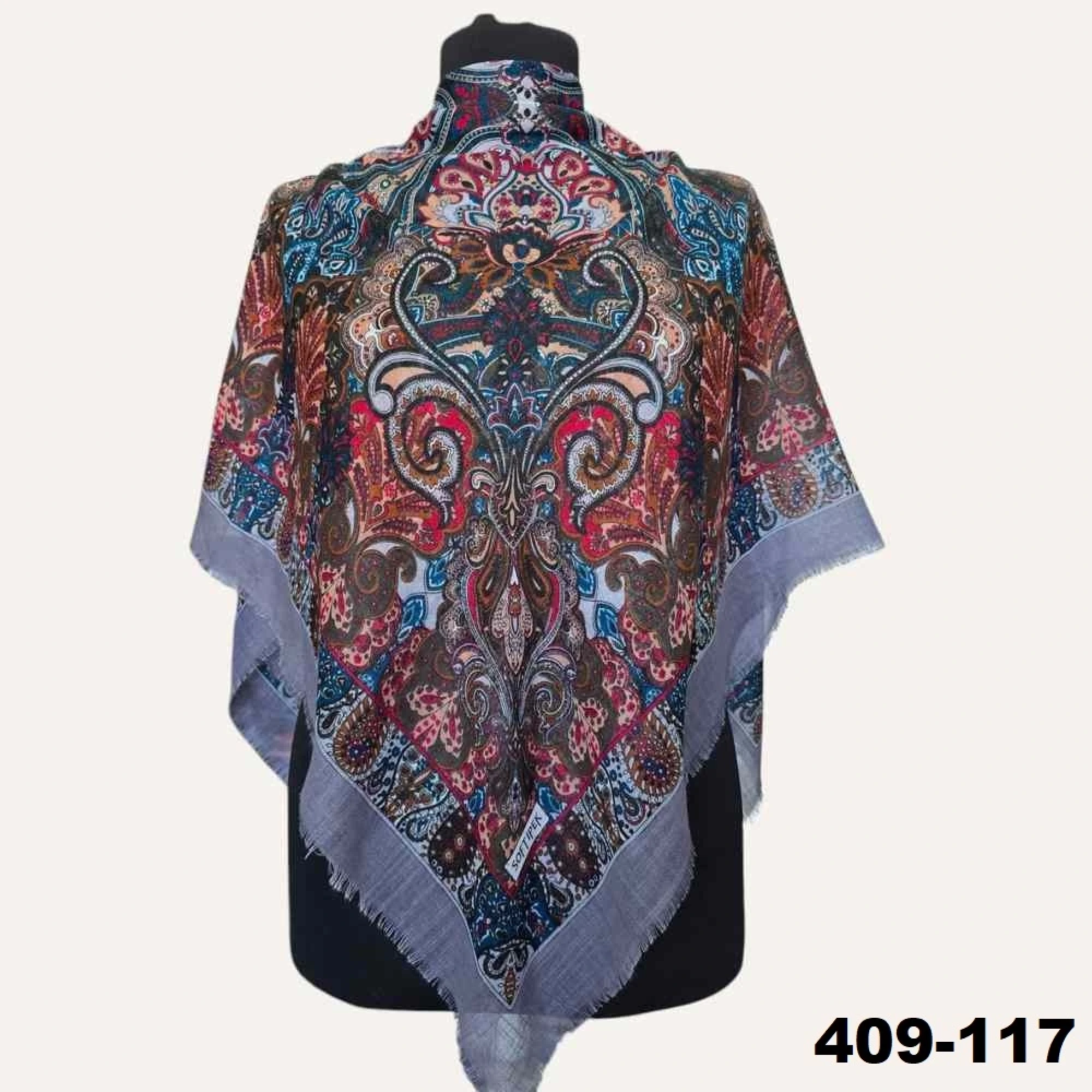 Soft İpek Etnik Desenli Flamlı Kotton Eşarp 409-117
