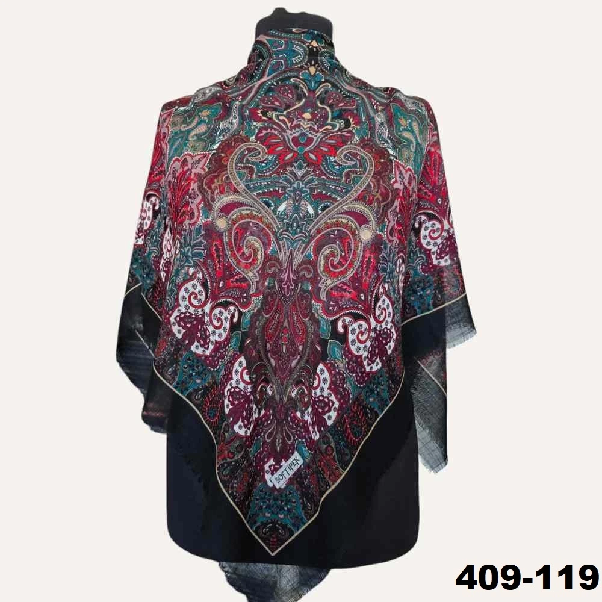 Soft İpek Etnik Desenli Flamlı Kotton Eşarp 409-119