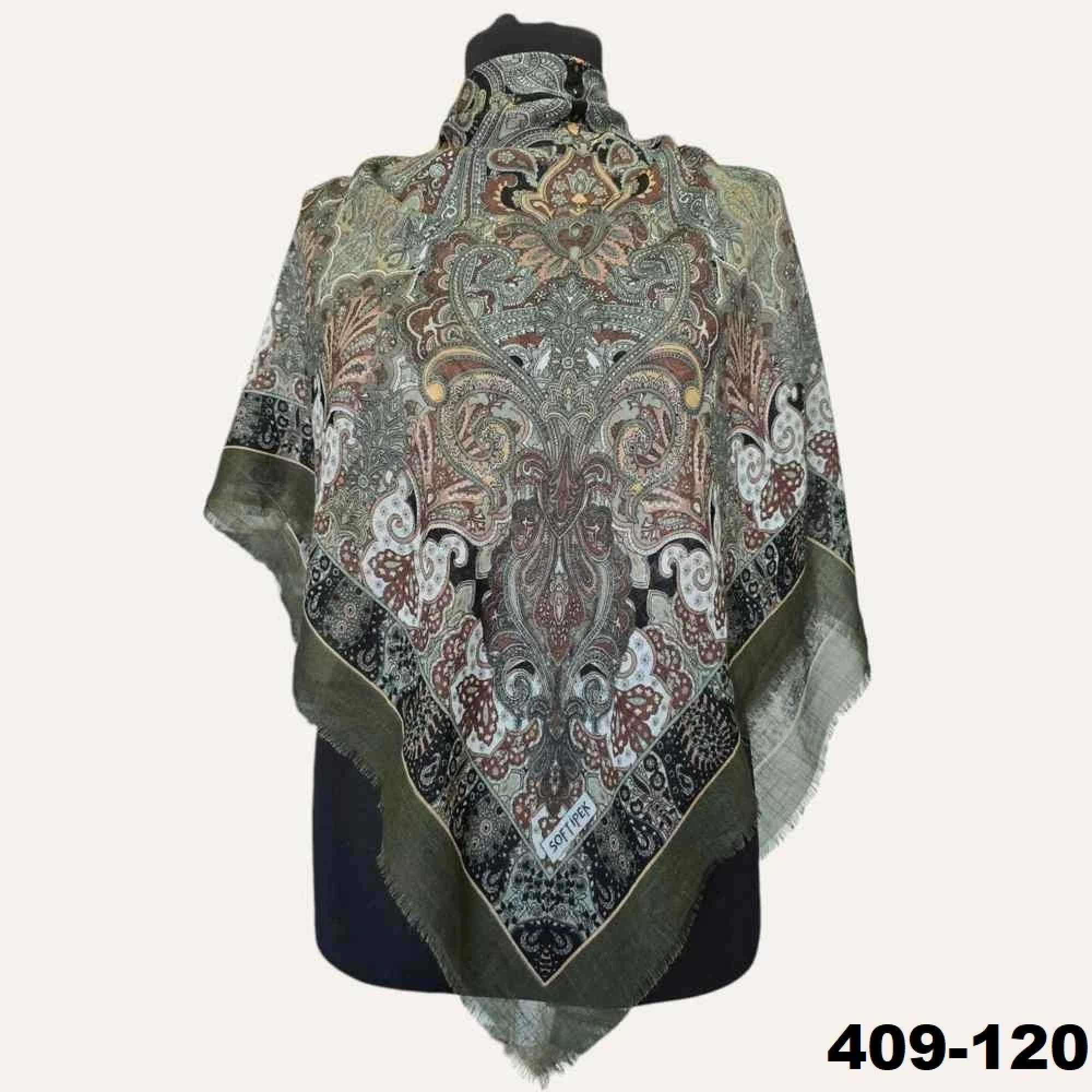 Soft İpek Etnik Desenli Flamlı Kotton Eşarp 409-120