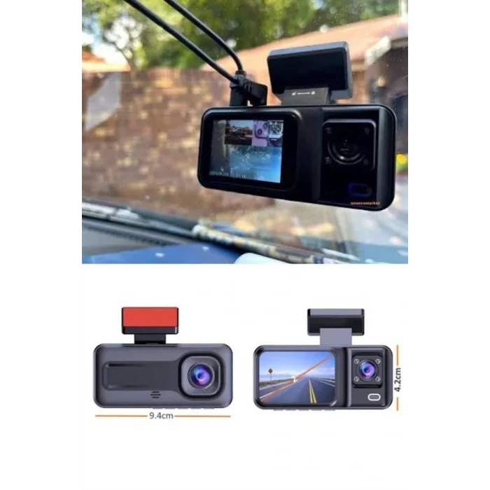 1080P 3 Lensli WİFİ Araç İçi Kameralı Ekran DVR Kaydedici Gece Görüşlü