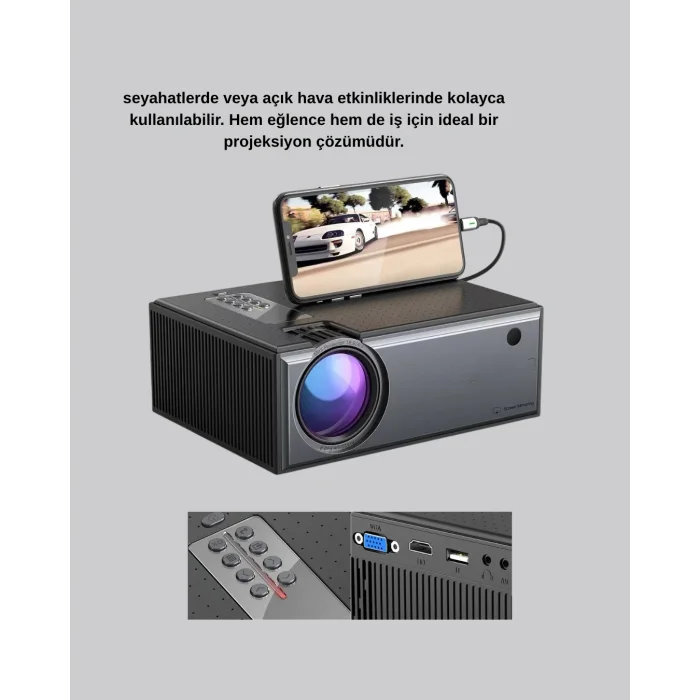 1080p Full HD Taşınabilir Projeksiyon Cihazı LED Işıklı Uzaktan Kumandalı