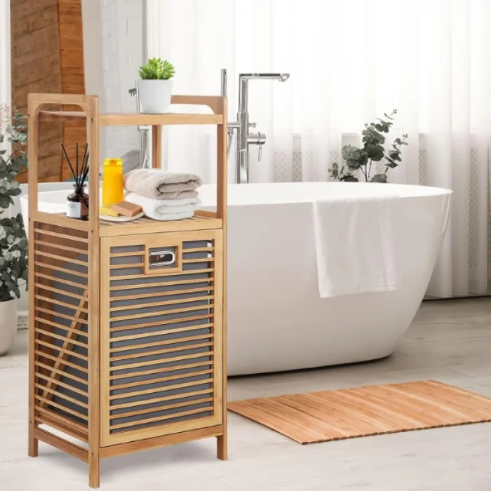 2 Organizer Raflı Ahşap Bambu Çek-Aç Kirli Sepeti