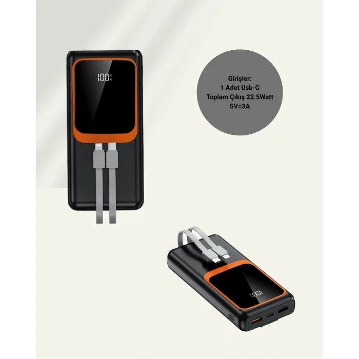 20000 mAh Powerbank | Çok Kablolu, Dijital Göstergeli, Yüksek Hızlı Şarj Cihazı