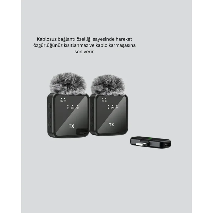 2in1 Kablosuz Yaka Mikrofonu iOS ve Android Uyumlu