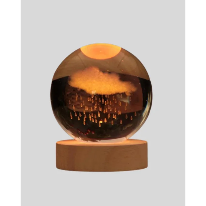 8 cm 3D Yağmur Bulutu Kristal Küre LED Gece Lambası Ahşap Standlı Tasarım Lamba