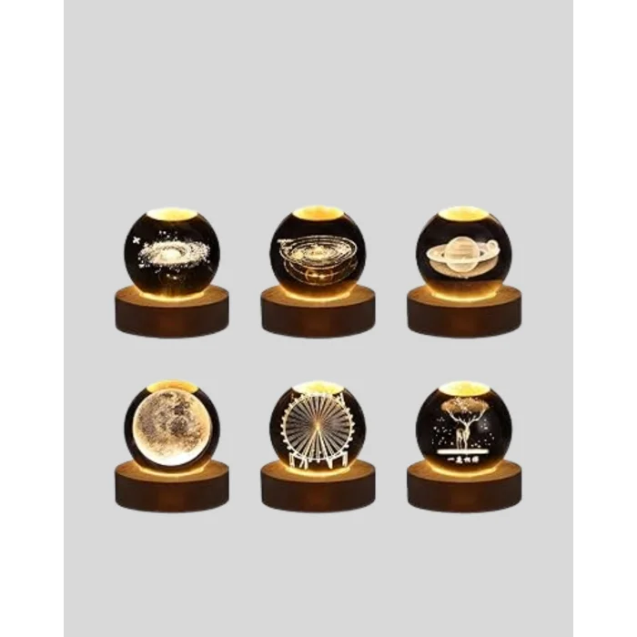 8 cm Ay Desenli Kristal Küre Sıcak LED Işıklı Ahşap Tabanlı Oda Lambası