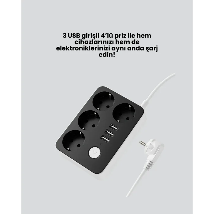 Akım Korumalı 3 USB Portlu 4’lü Priz 4.1A Hızlı Şarj